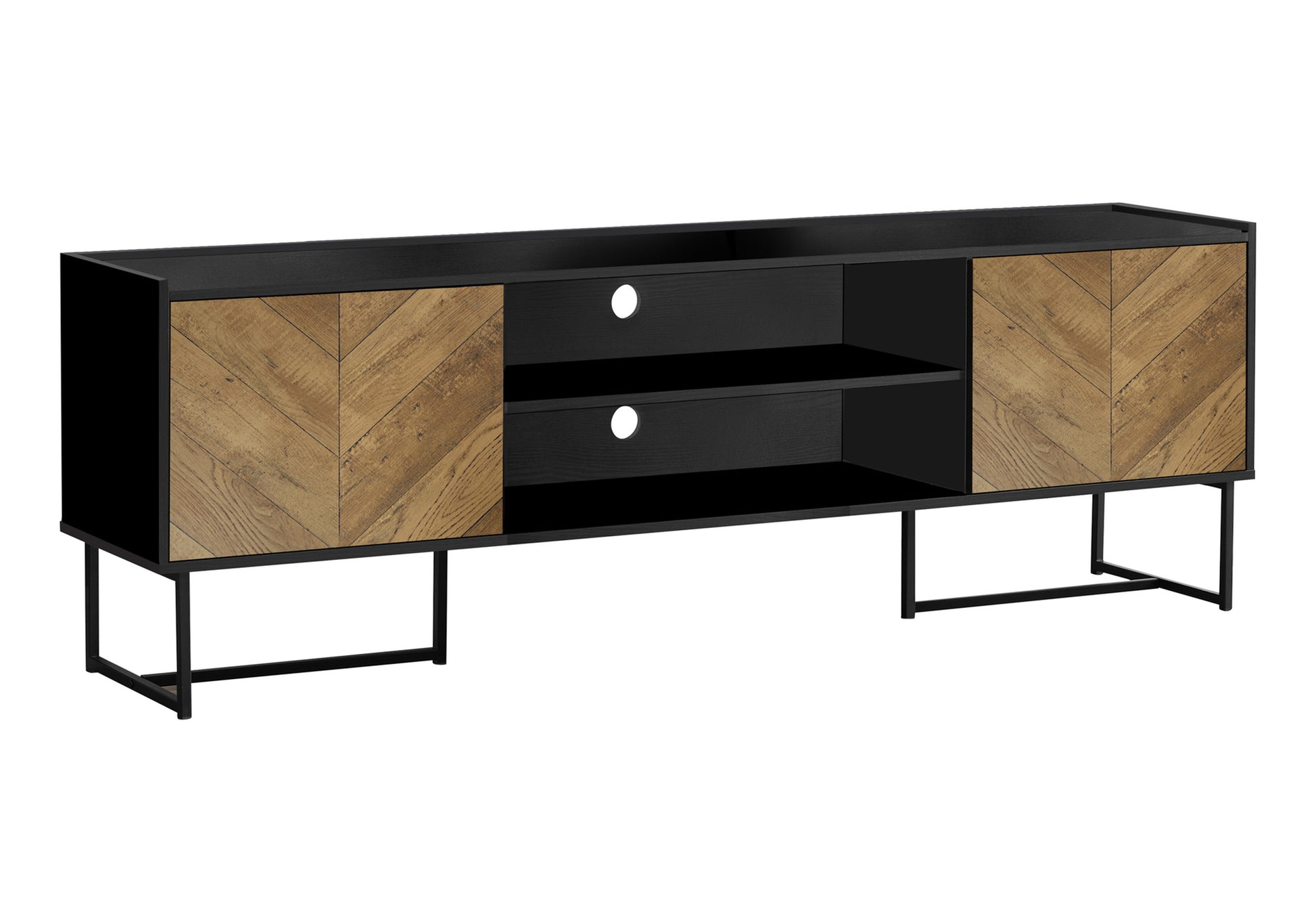 Black and oak herringbone TV stand with metal legs and open shelves