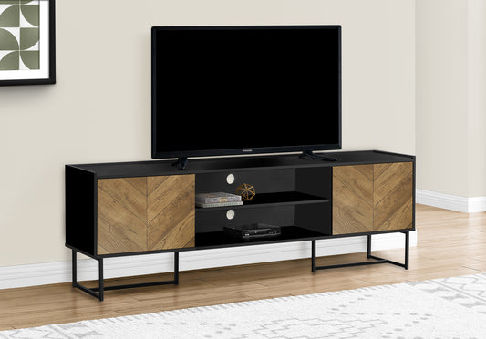 Modern black media console with chevron wood grain doors and metal legs