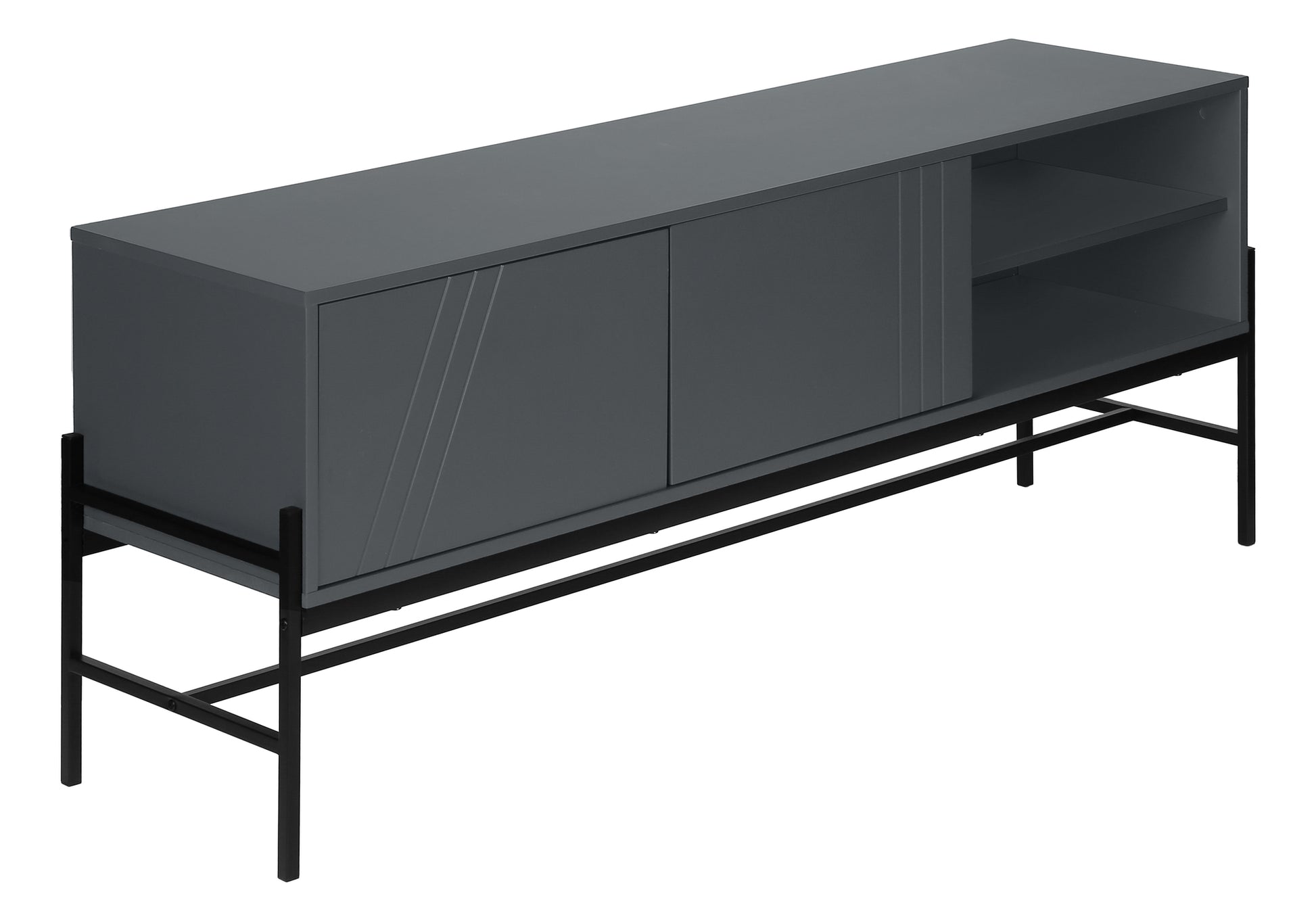 Gray modern TV stand with sliding doors and open shelving metal legs