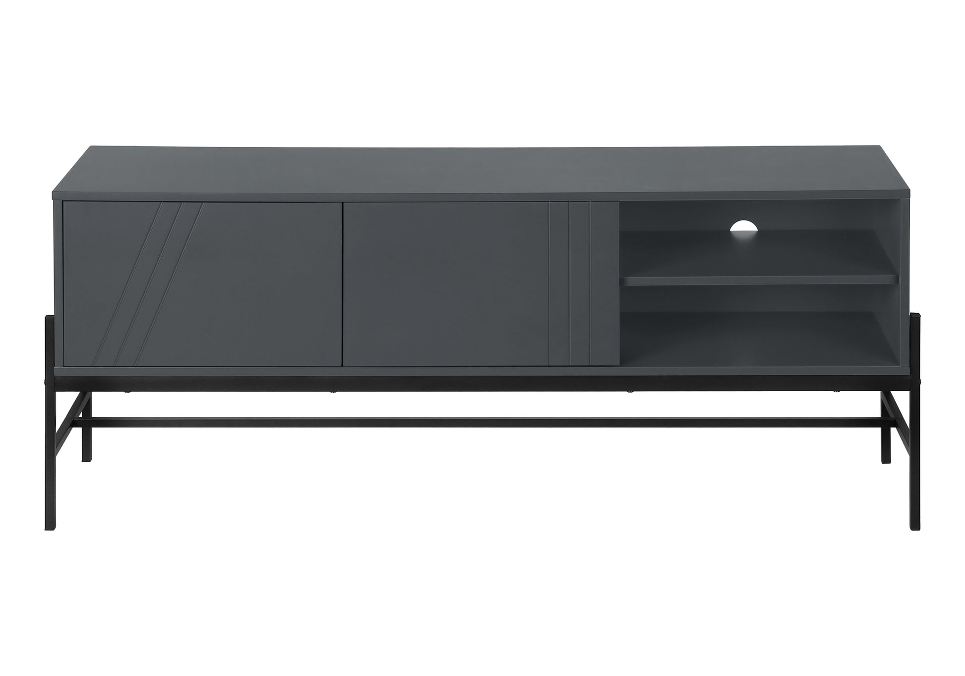 Modern grey media console with subtle geometric door detail and open shelving