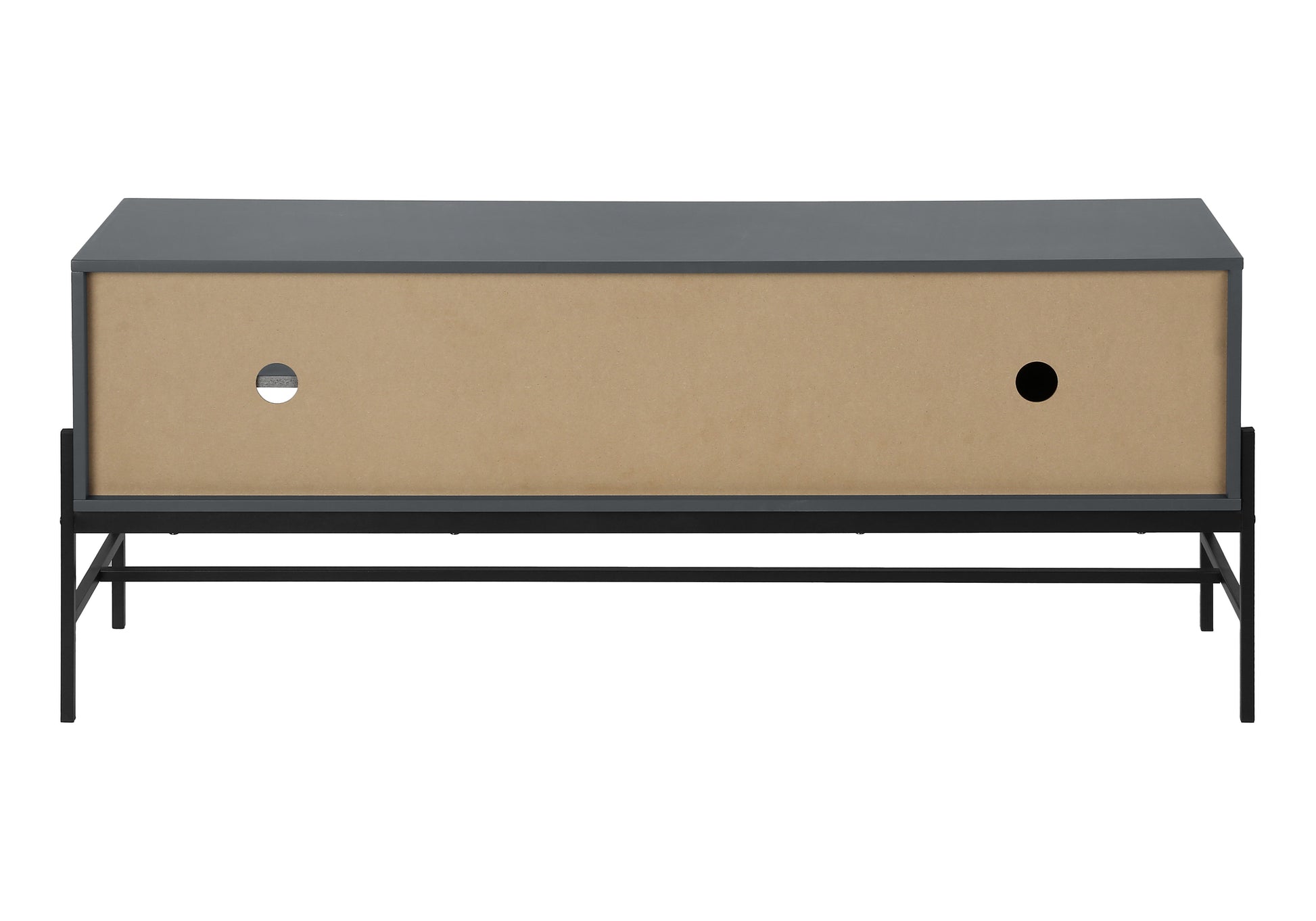 Dark grey media console with open back and cable management holes on metal legs