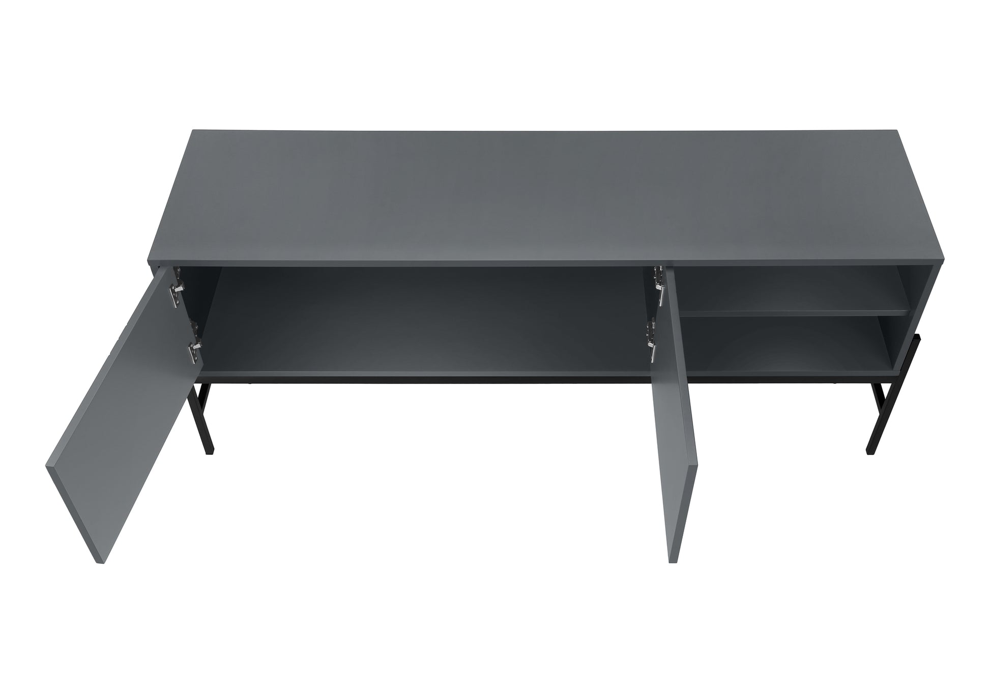 Dark gray modern credenza with three open doors and two shelves