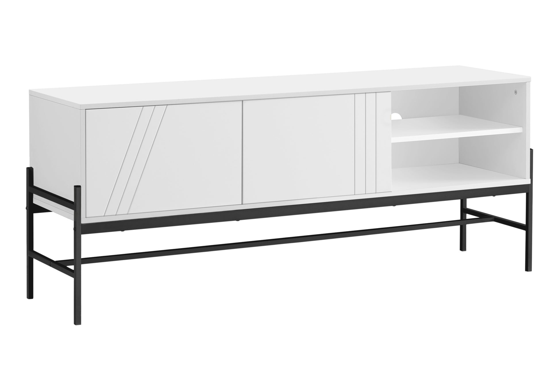 White media console with sliding doors and open shelving on a black metal frame