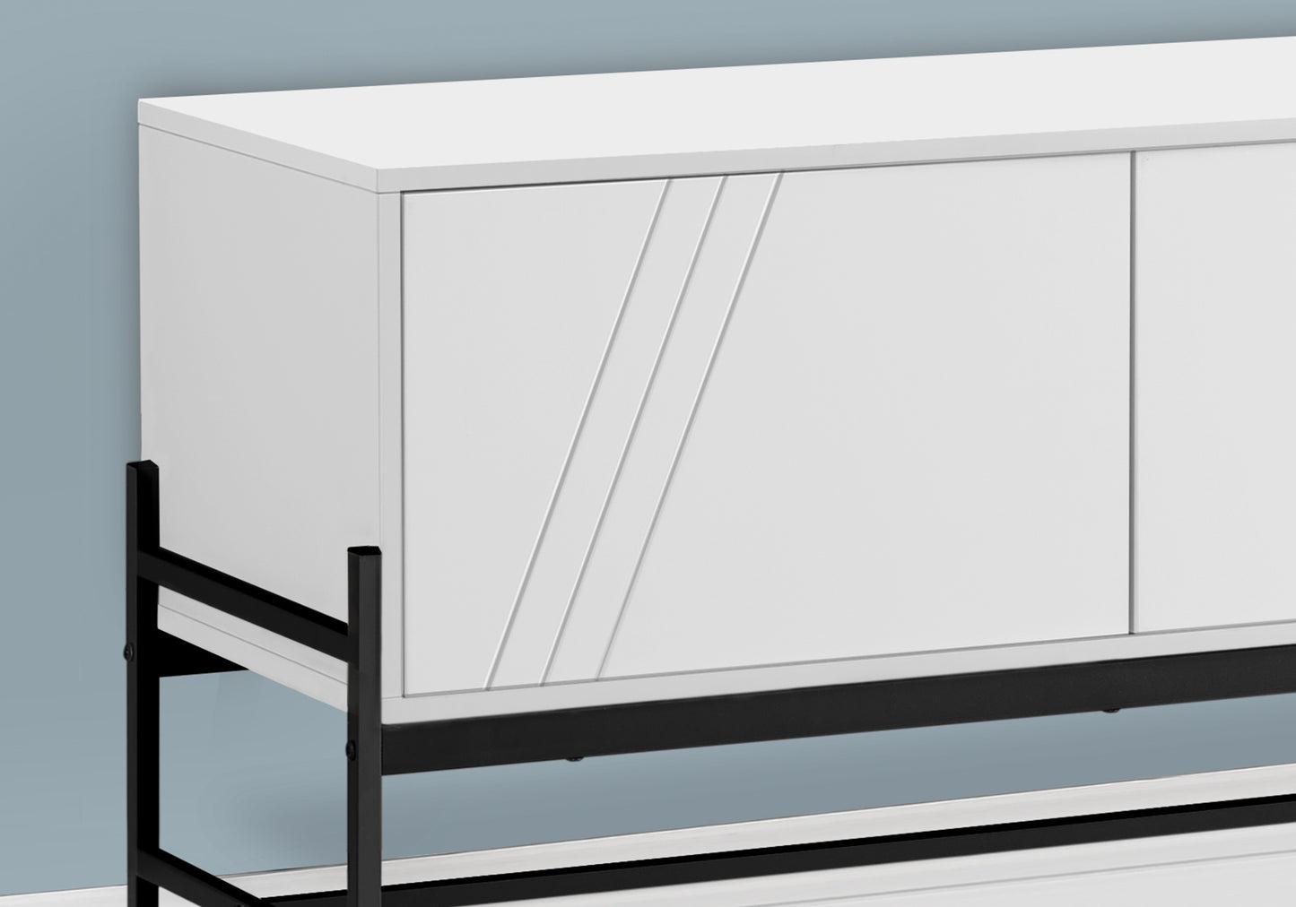 White modern sideboard with fluted door detail and black metal legs