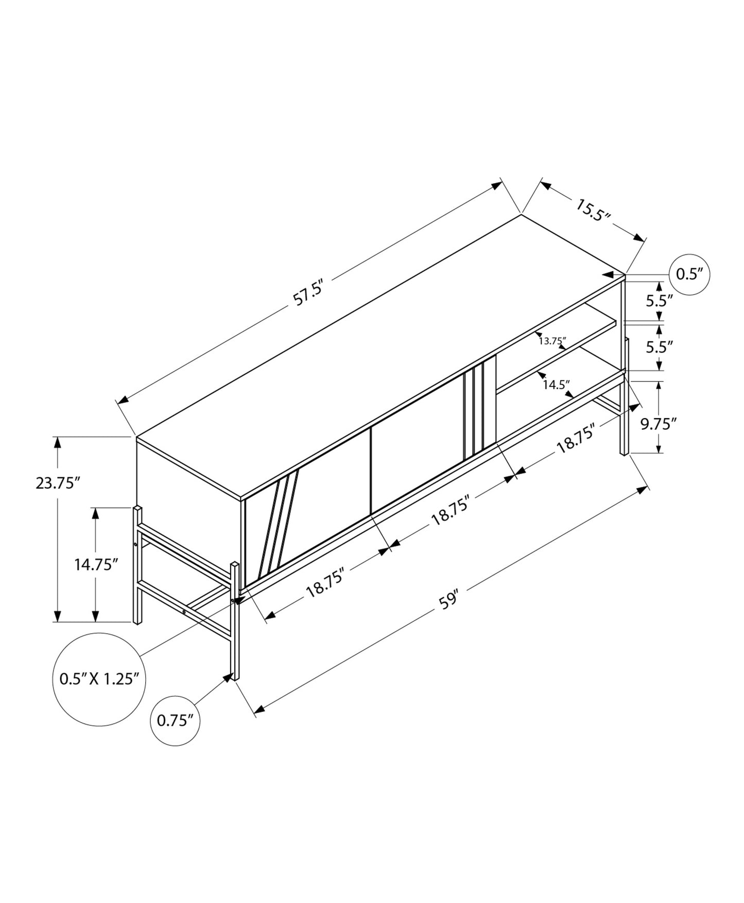 Modern TV stand with sliding doors  inches wide chrome legs and open shelves