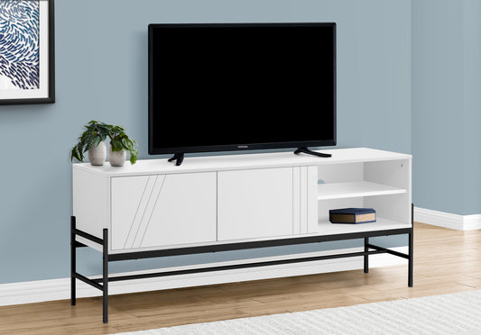 Modern white TV stand with black metal legs and decorative front panels