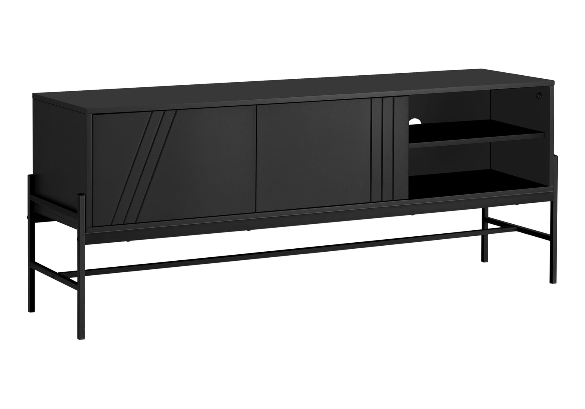 Sleek black media console with sliding doors and open shelving modern design