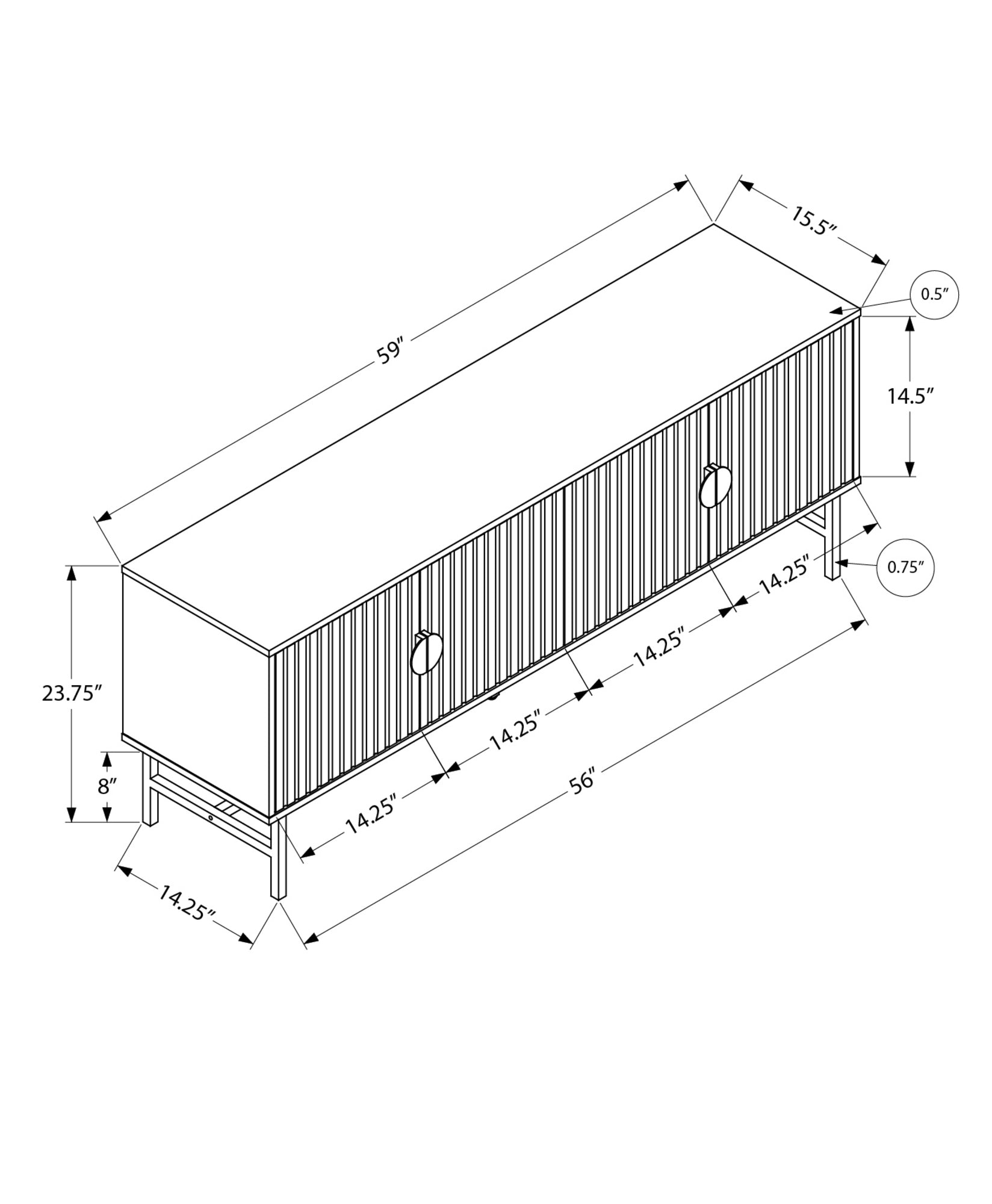 Diagram of a inch fluted media console with circle handles and dimensions