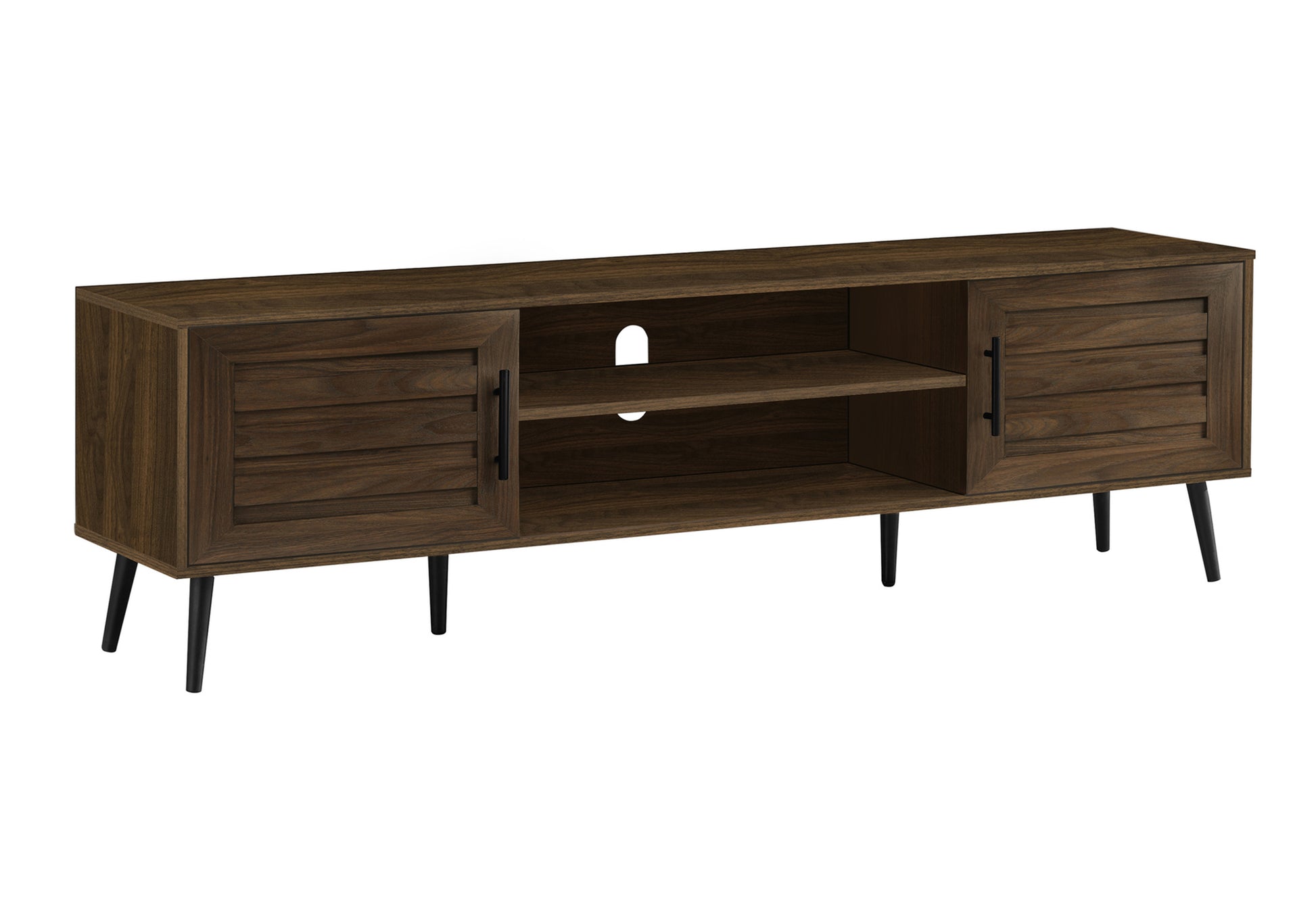 Dark walnut media console with slatted doors and black metal legs