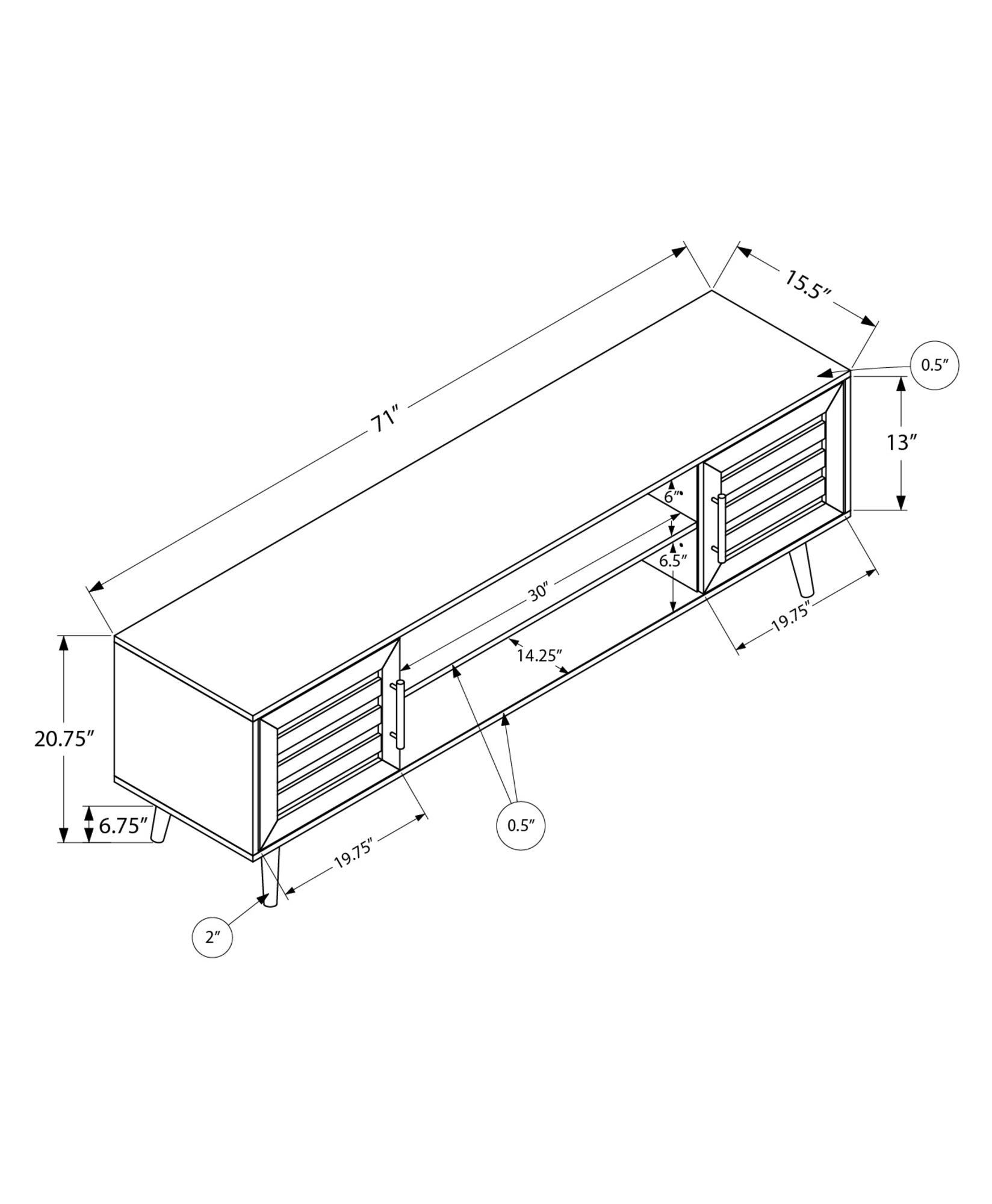 Dimensional drawing of a inch long media console with angled legs and slatted doors