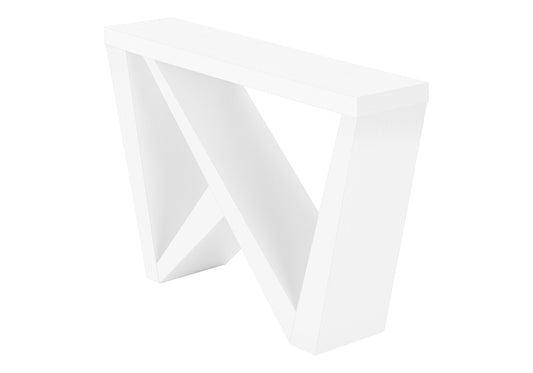 Modern white console table with unique geometric leg design perfect for entryways