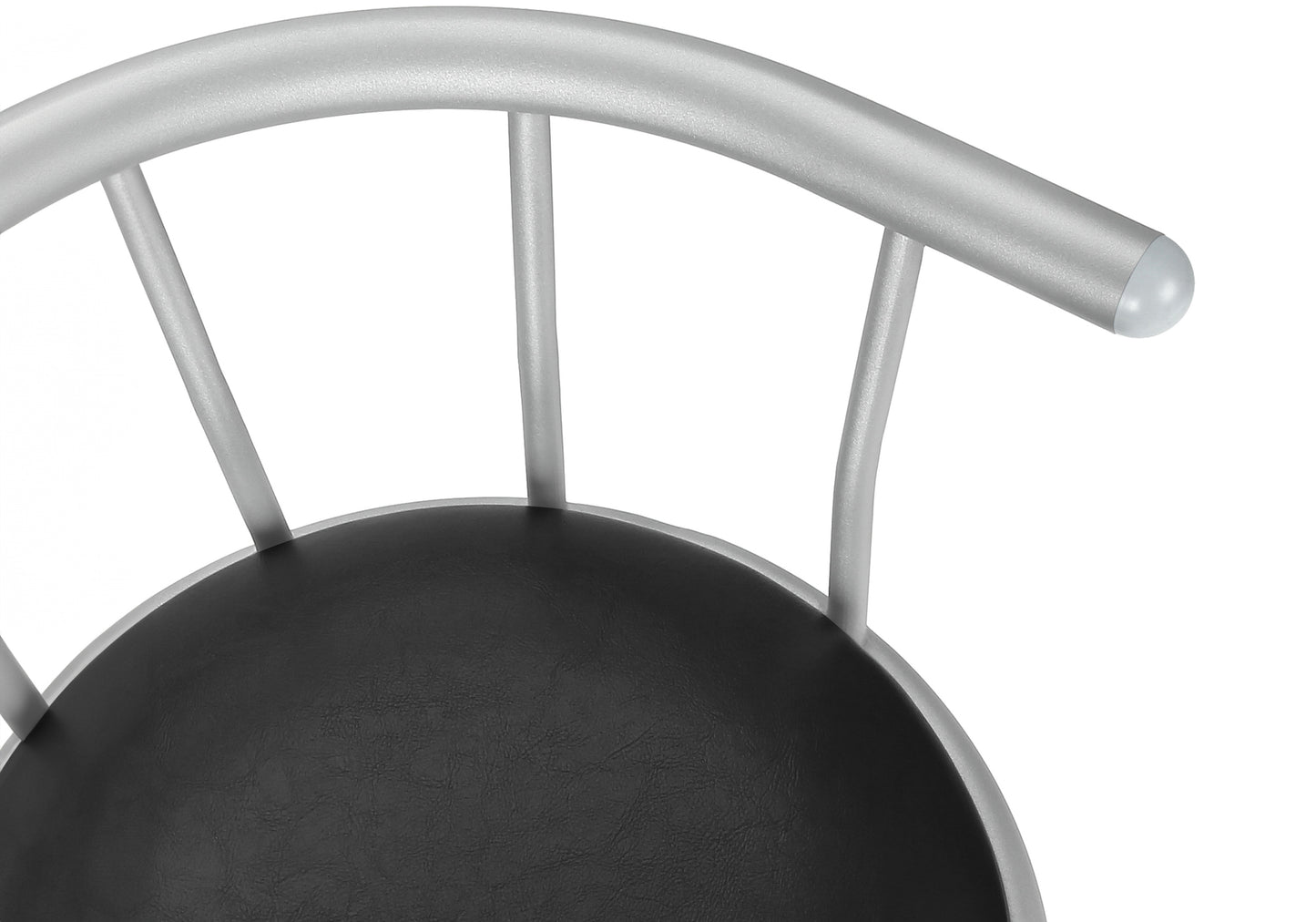 Silver metal bar stool with black faux leather seat curved backrest and rounded armrest