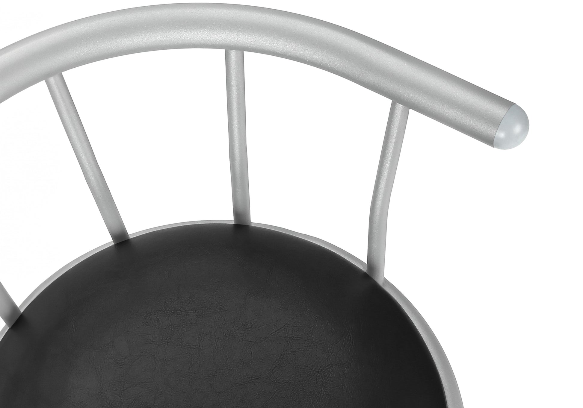 Silver metal bar stool with black faux leather seat curved backrest and rounded armrest