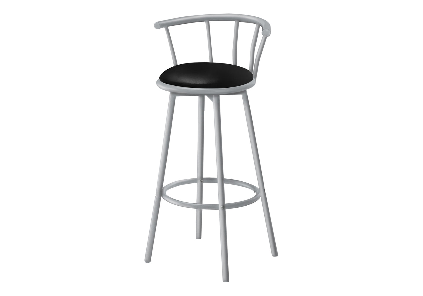Sleek silver metal bar stool with a comfortable black faux leather padded seat