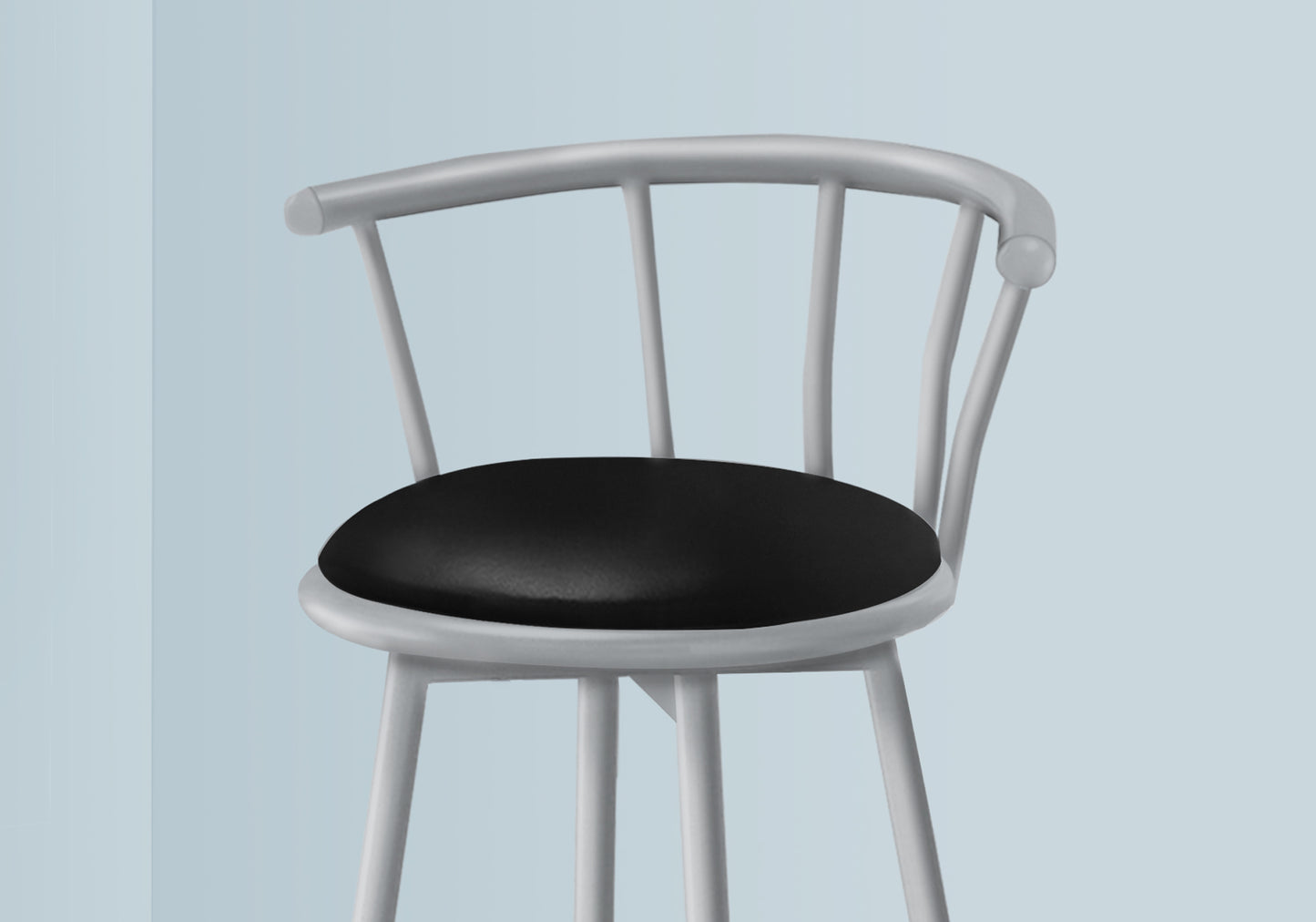 Light gray minimalist bar stool with black cushioned seat and curved backrest
