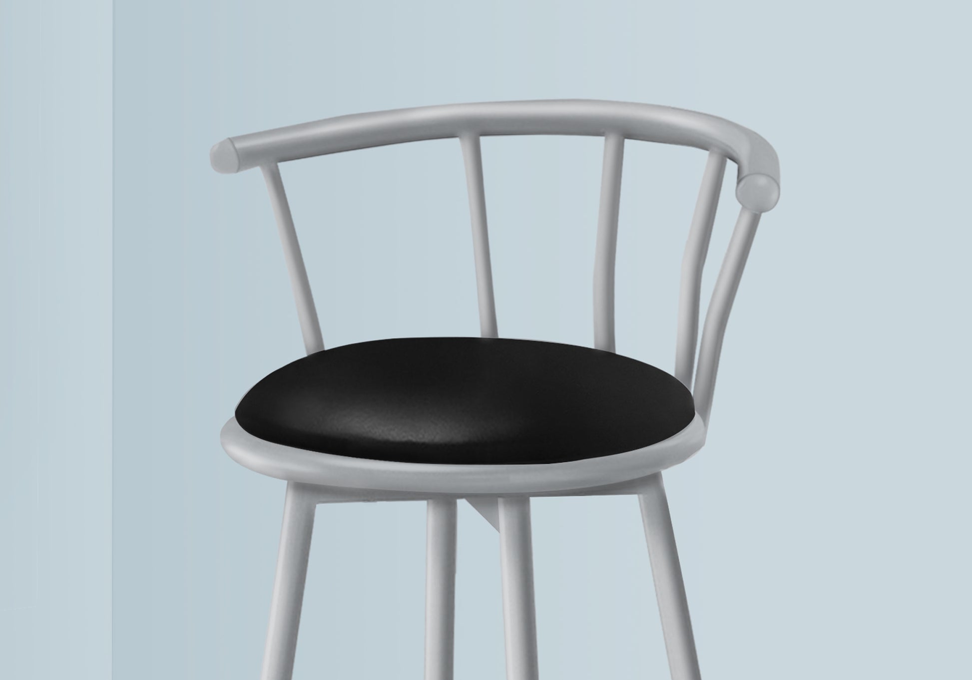 Light gray minimalist bar stool with black cushioned seat and curved backrest