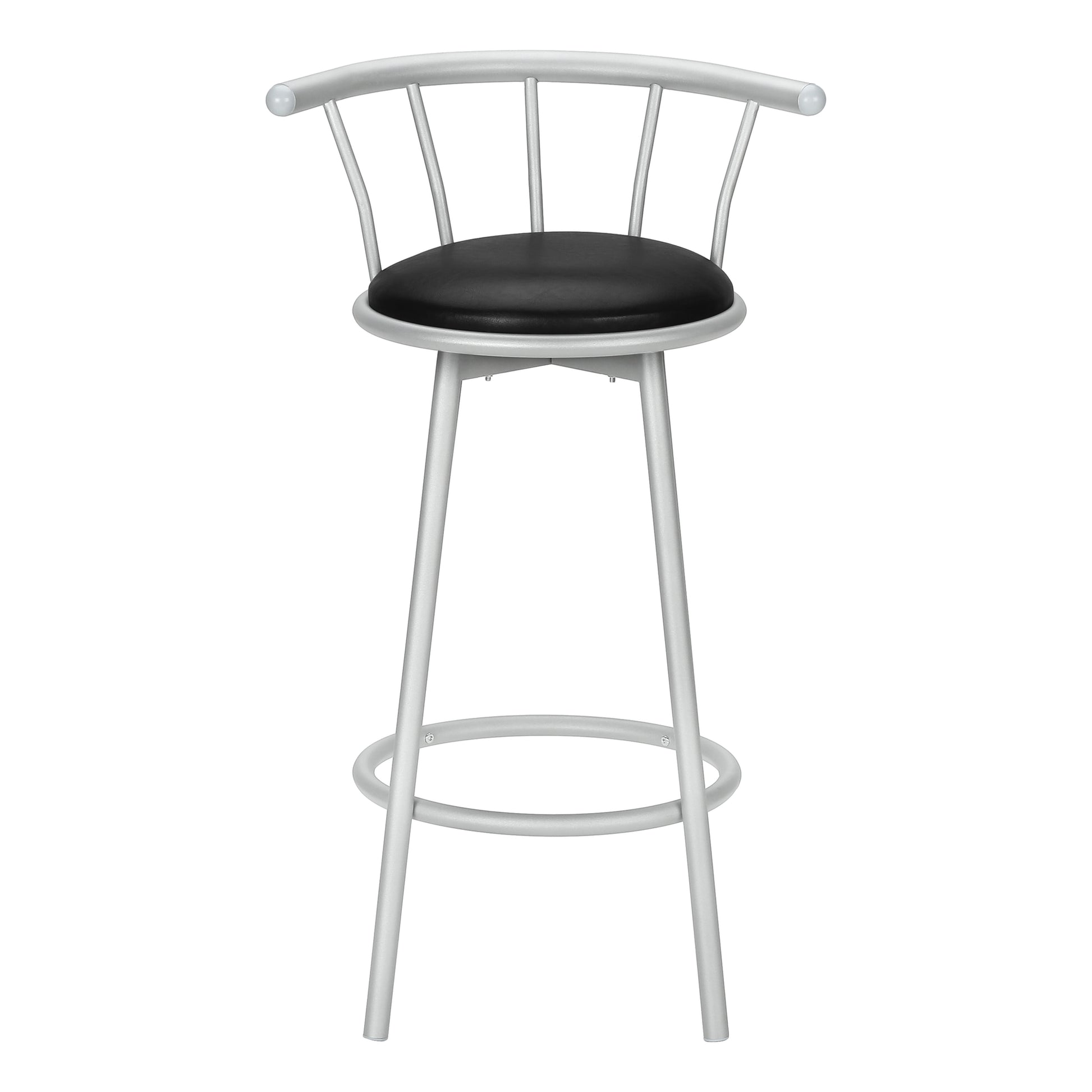 Silver metal bar stool with black padded seat and curved backrest