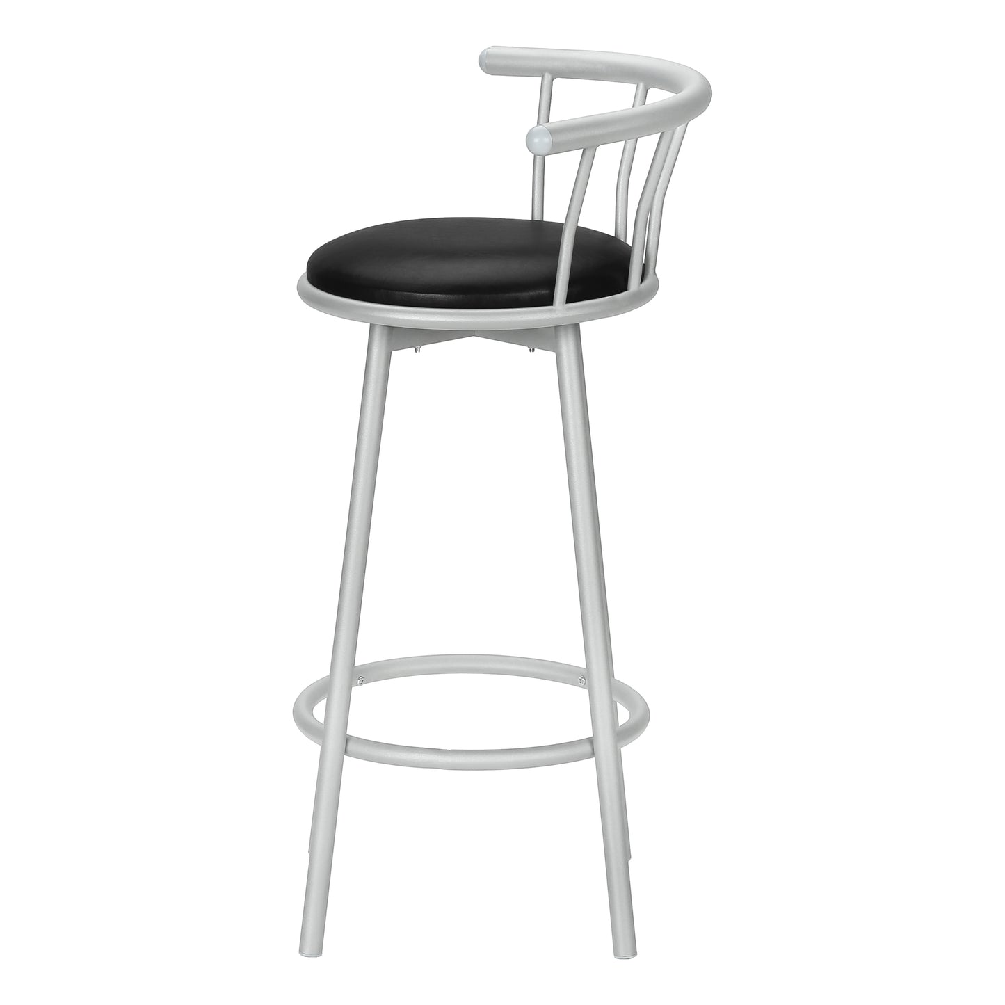 Silver metal bar stool with black padded seat and curved backrest
