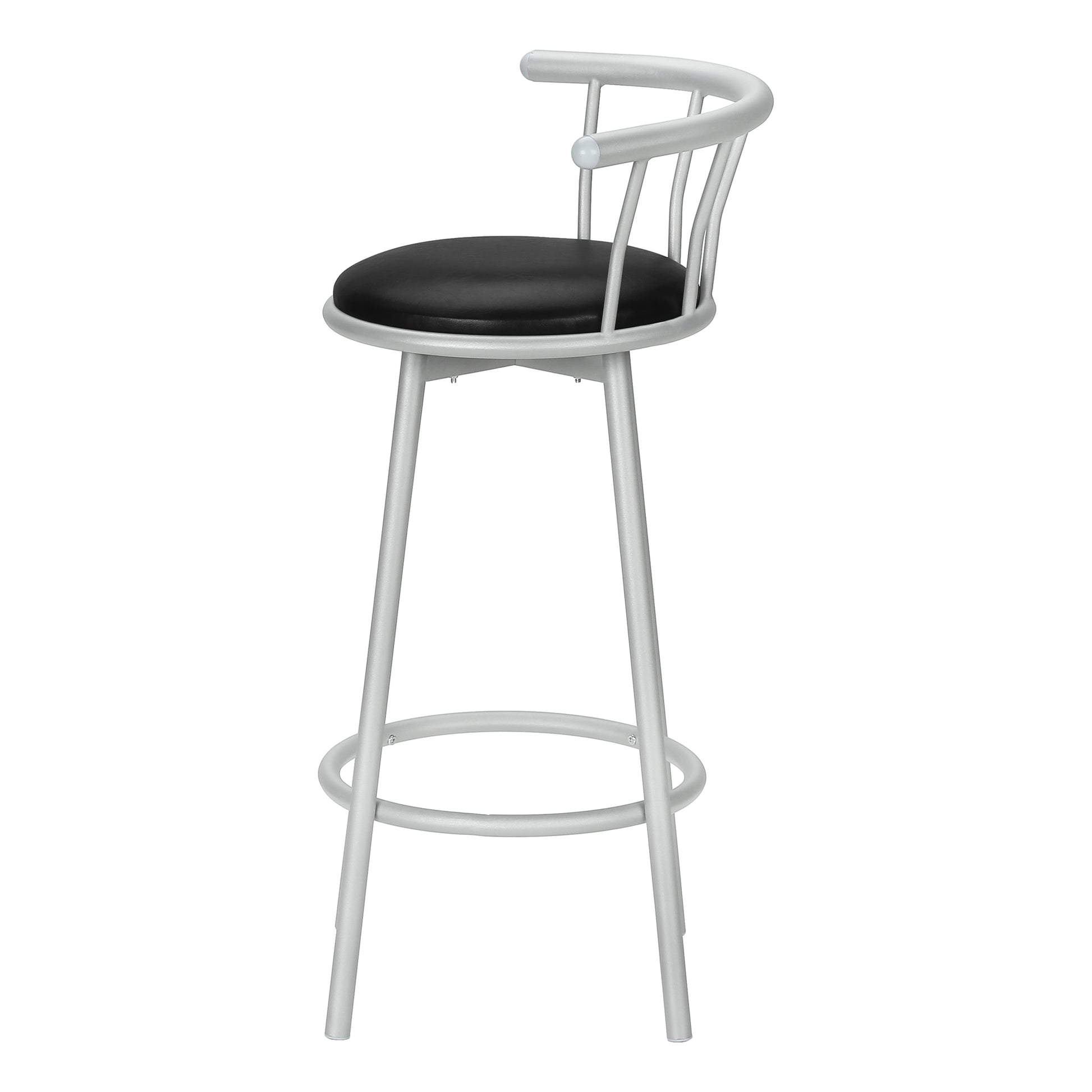 Silver metal bar stool with black padded seat and curved backrest