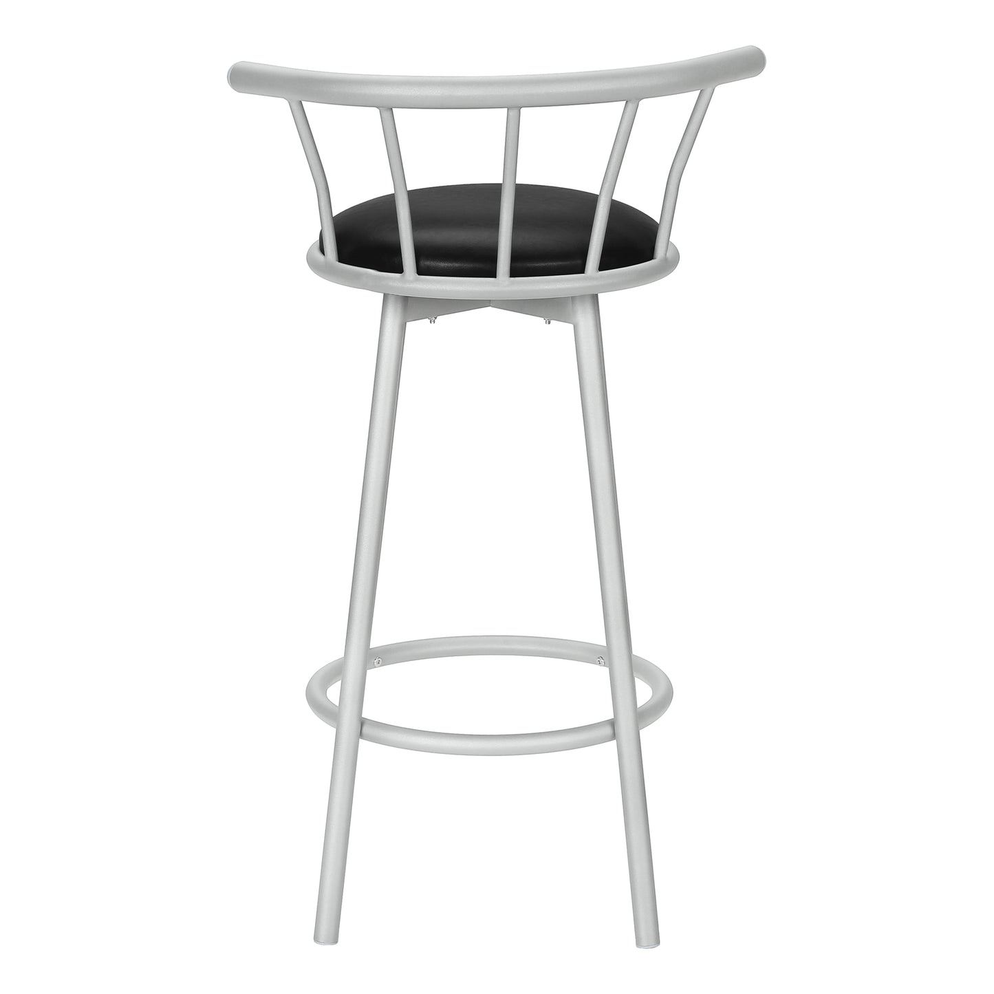 Silver metal bar stool with black padded seat and curved backrest