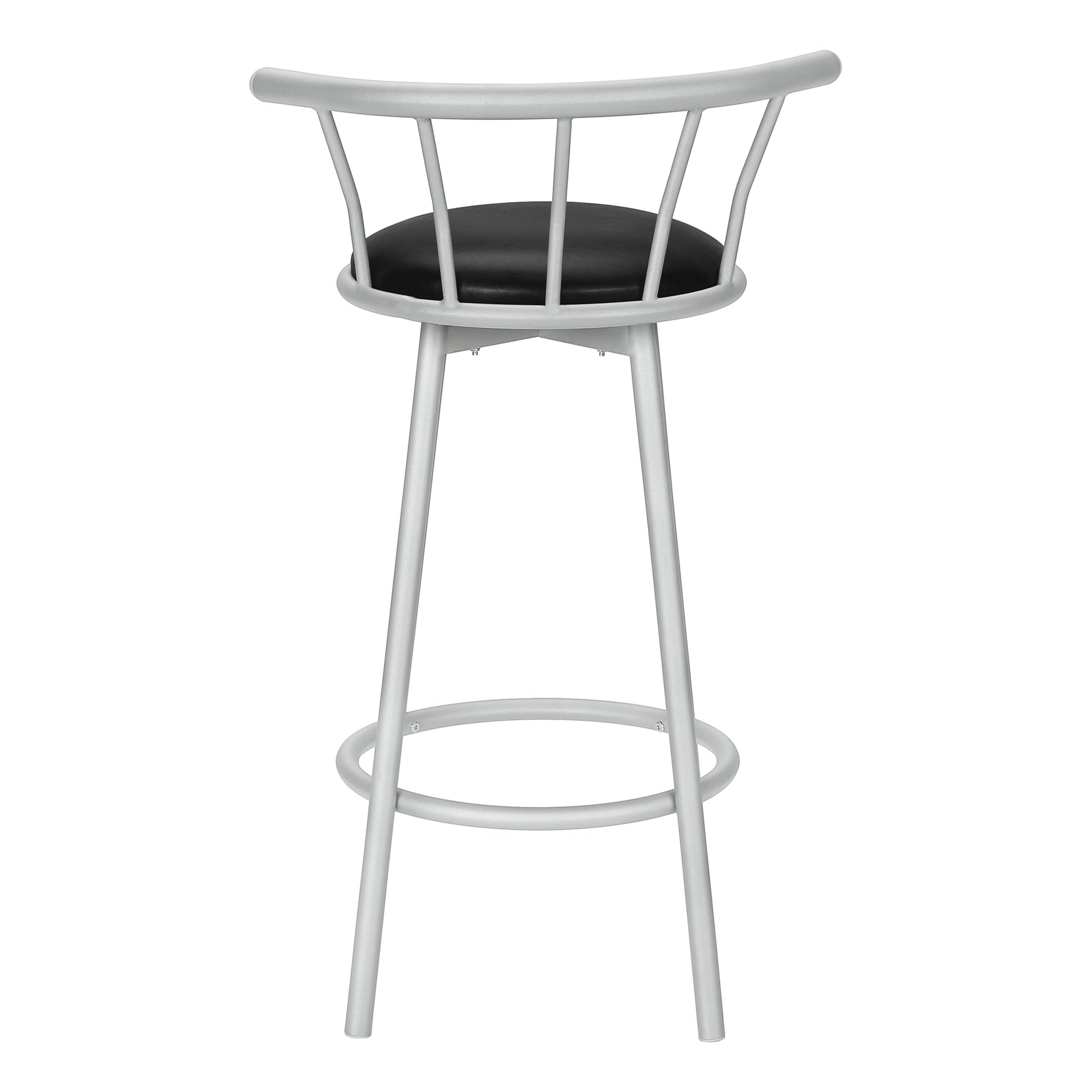 Silver metal bar stool with black padded seat and curved backrest