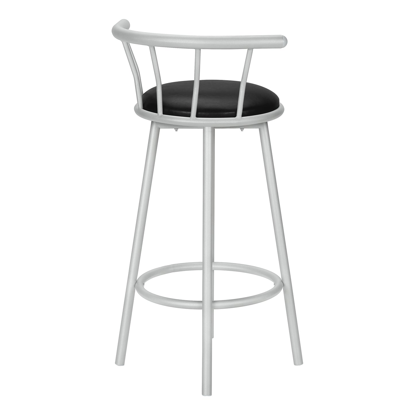 Silver metal bar stool with black upholstered seat and curved back