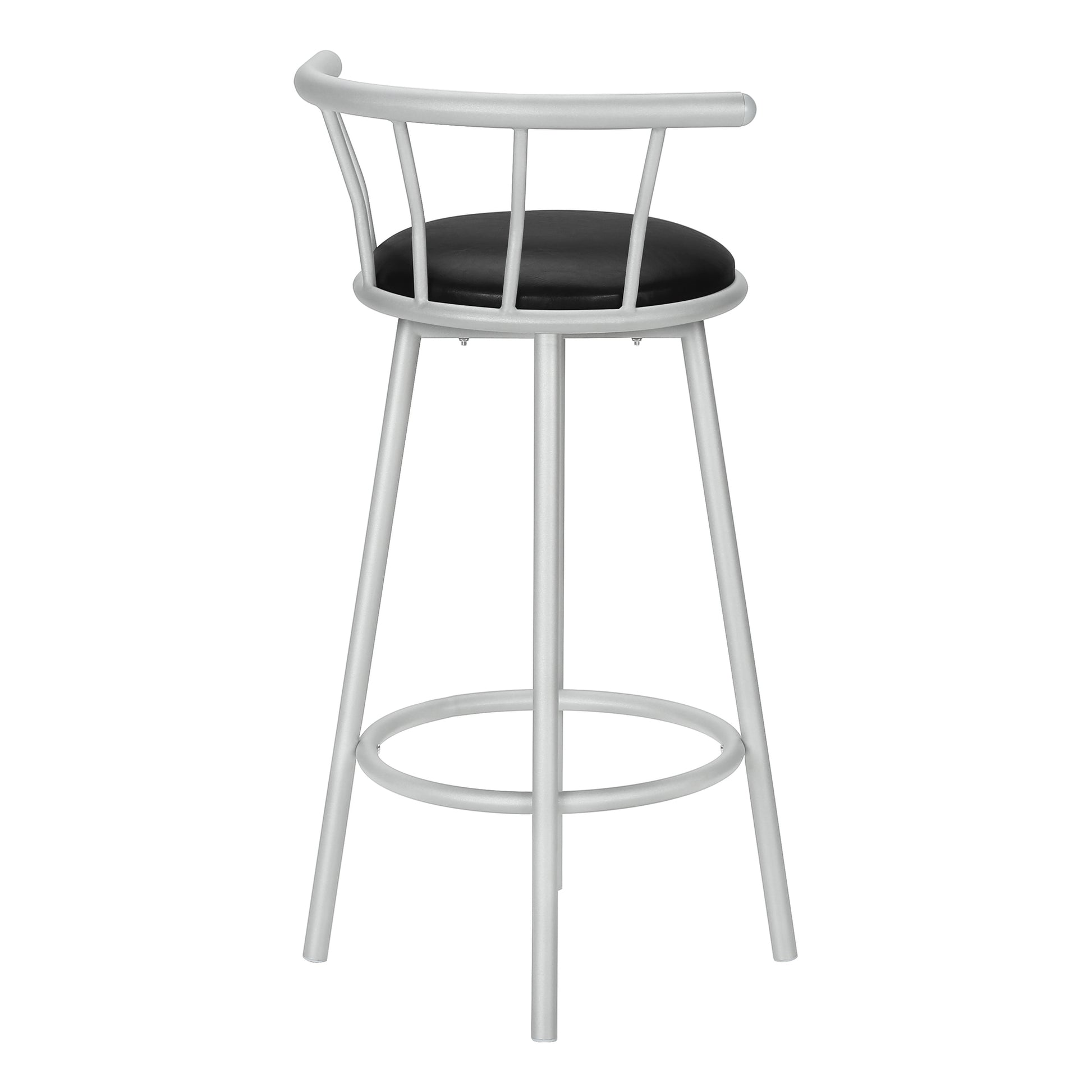 Silver metal bar stool with black upholstered seat and curved back