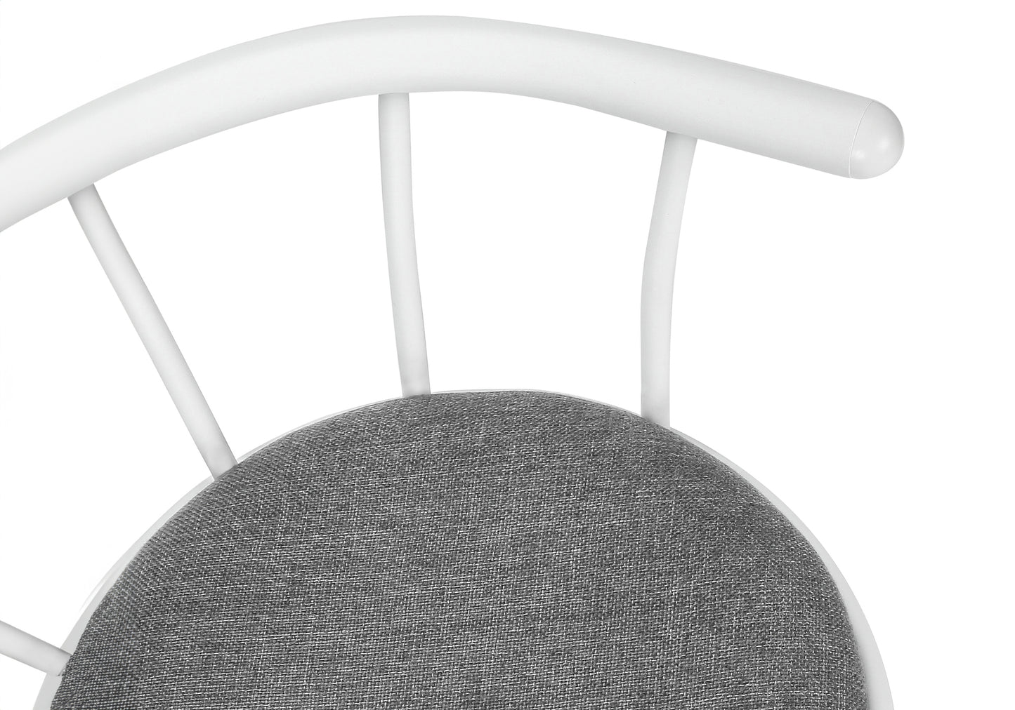 White metal dining chair with grey upholstered seat and curved backrest