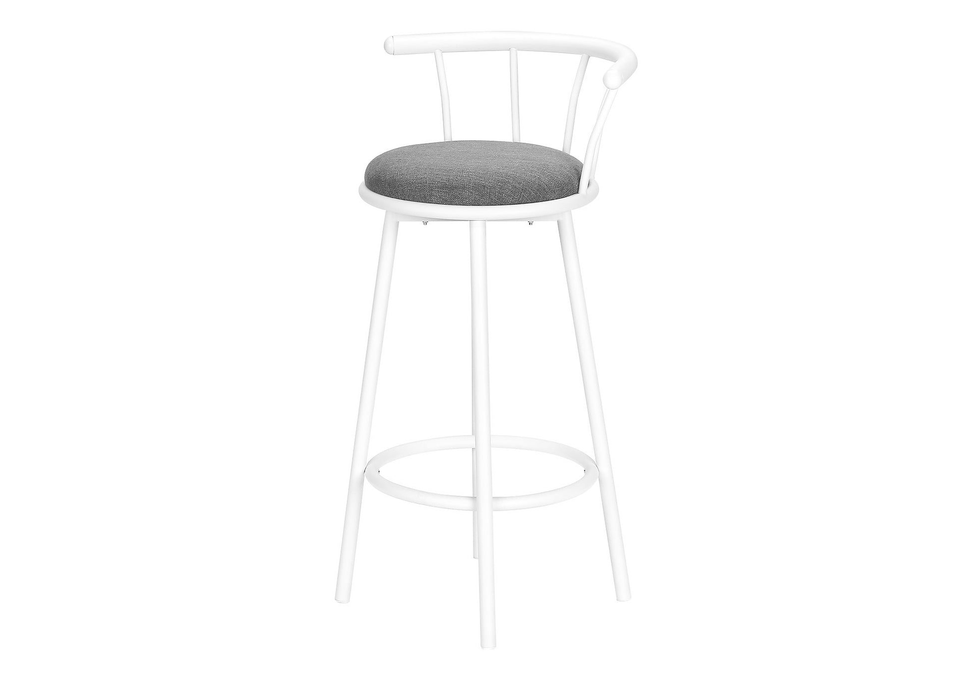 White metal bar stool with a gray upholstered seat and a curved backrest