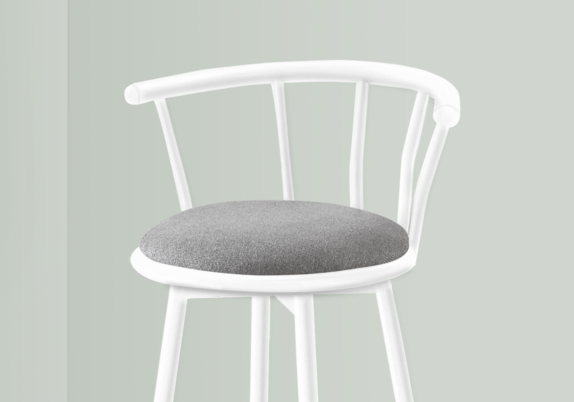 White spindle back bar stool with grey upholstered seat