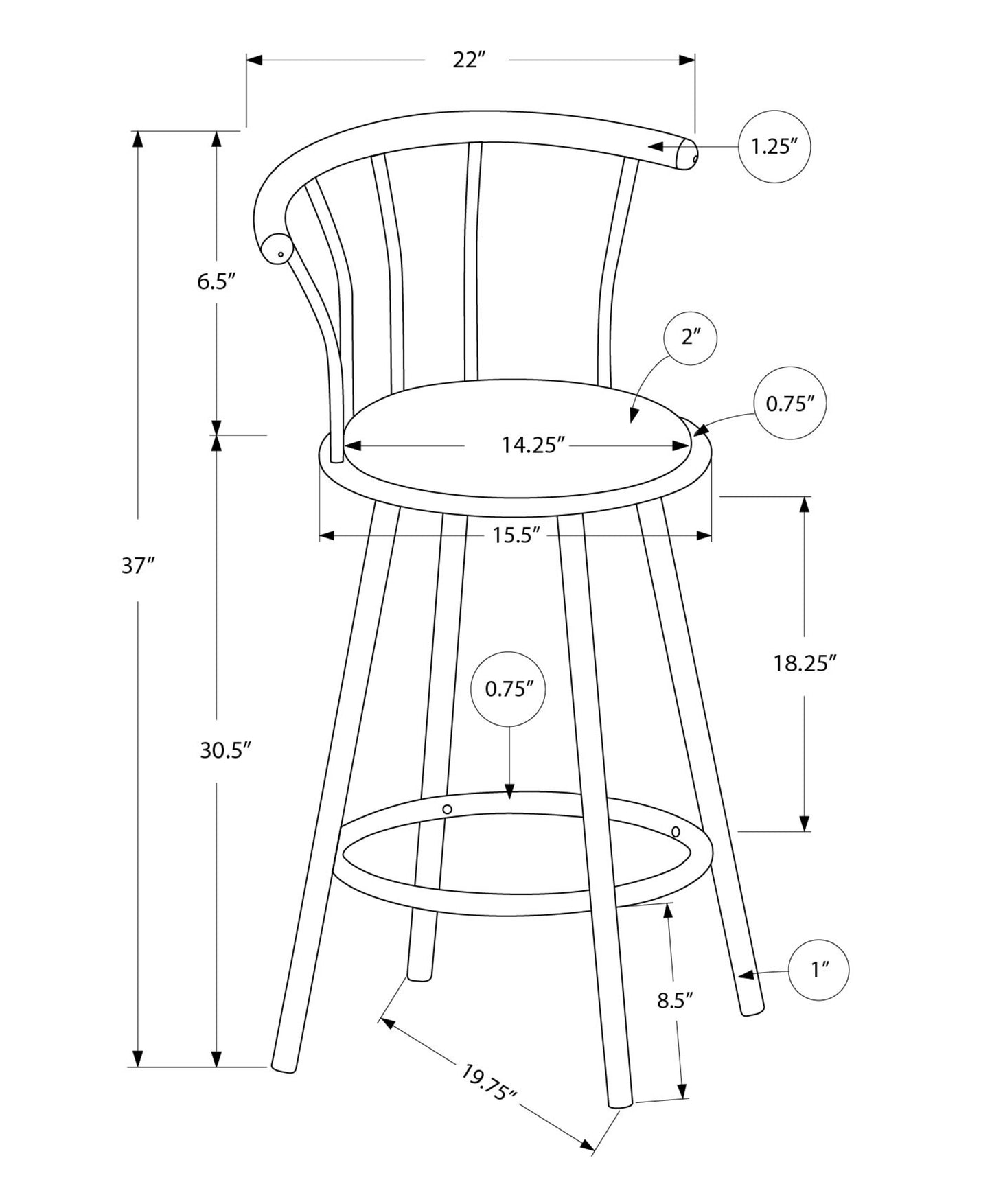 Detailed dimensions for a curvedback bar stool with a inch seat diameter