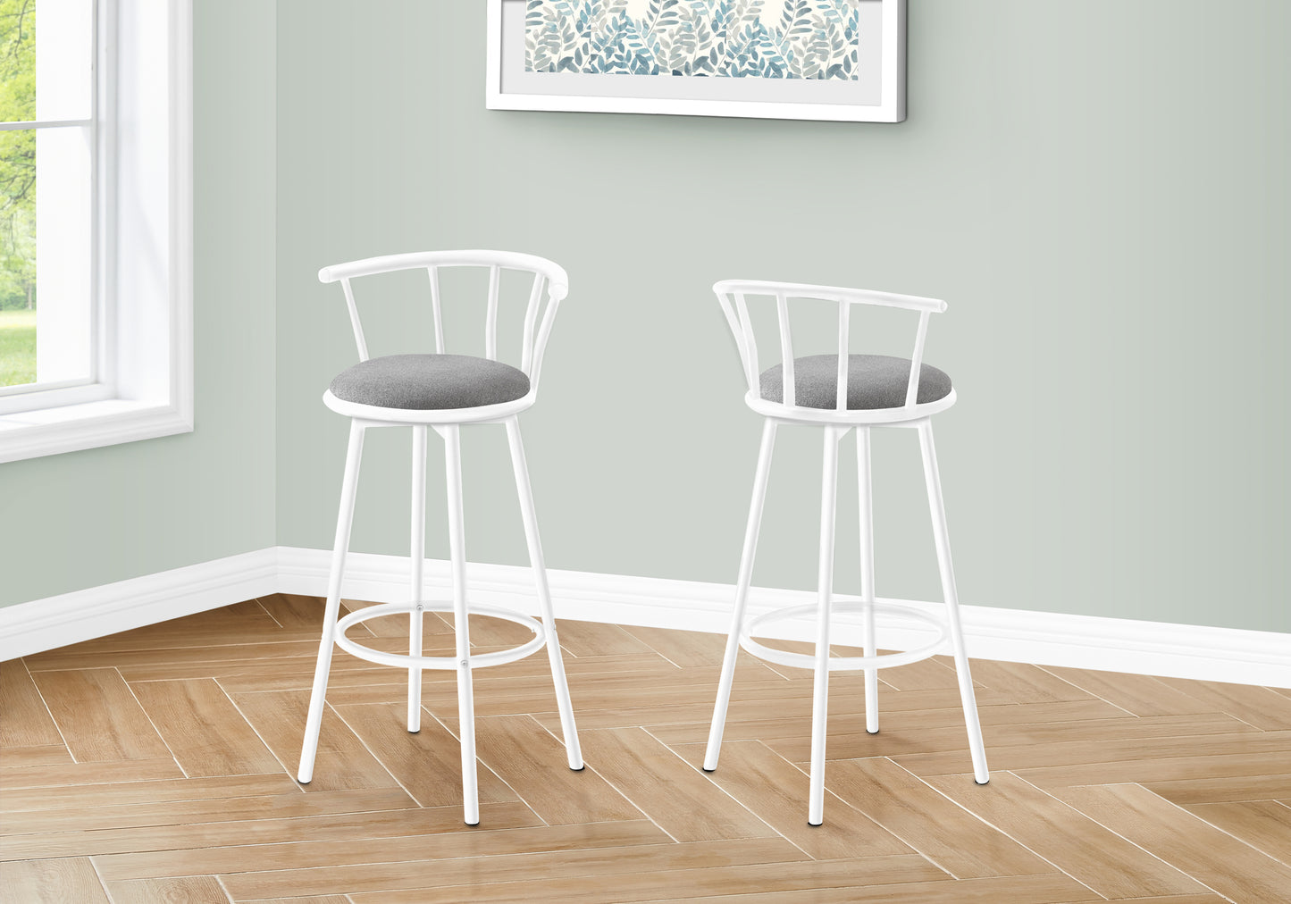 Two white metal bar stools with grey upholstered seats modern design