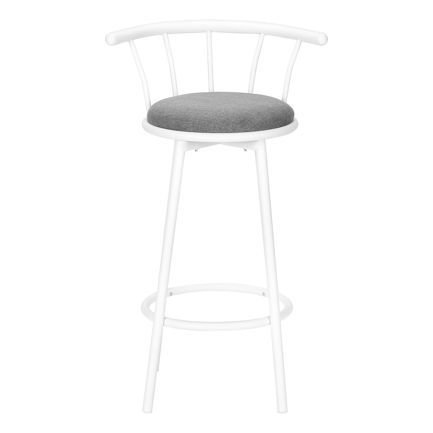 White metal bar stool with grey fabric seat and curved backrest