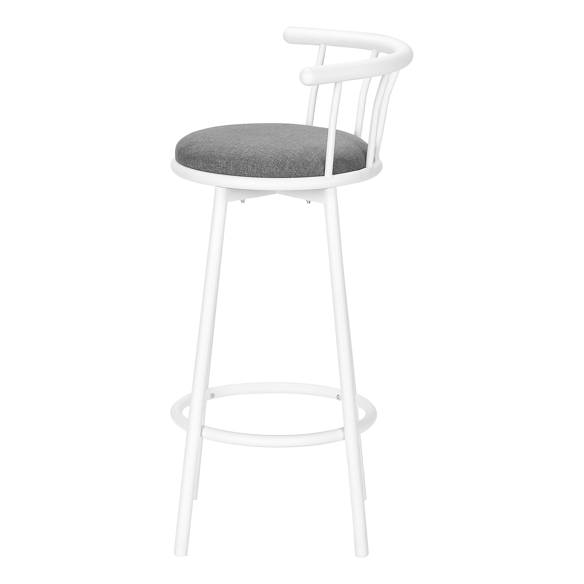 White metal bar stool with grey fabric seat and curved spindle back