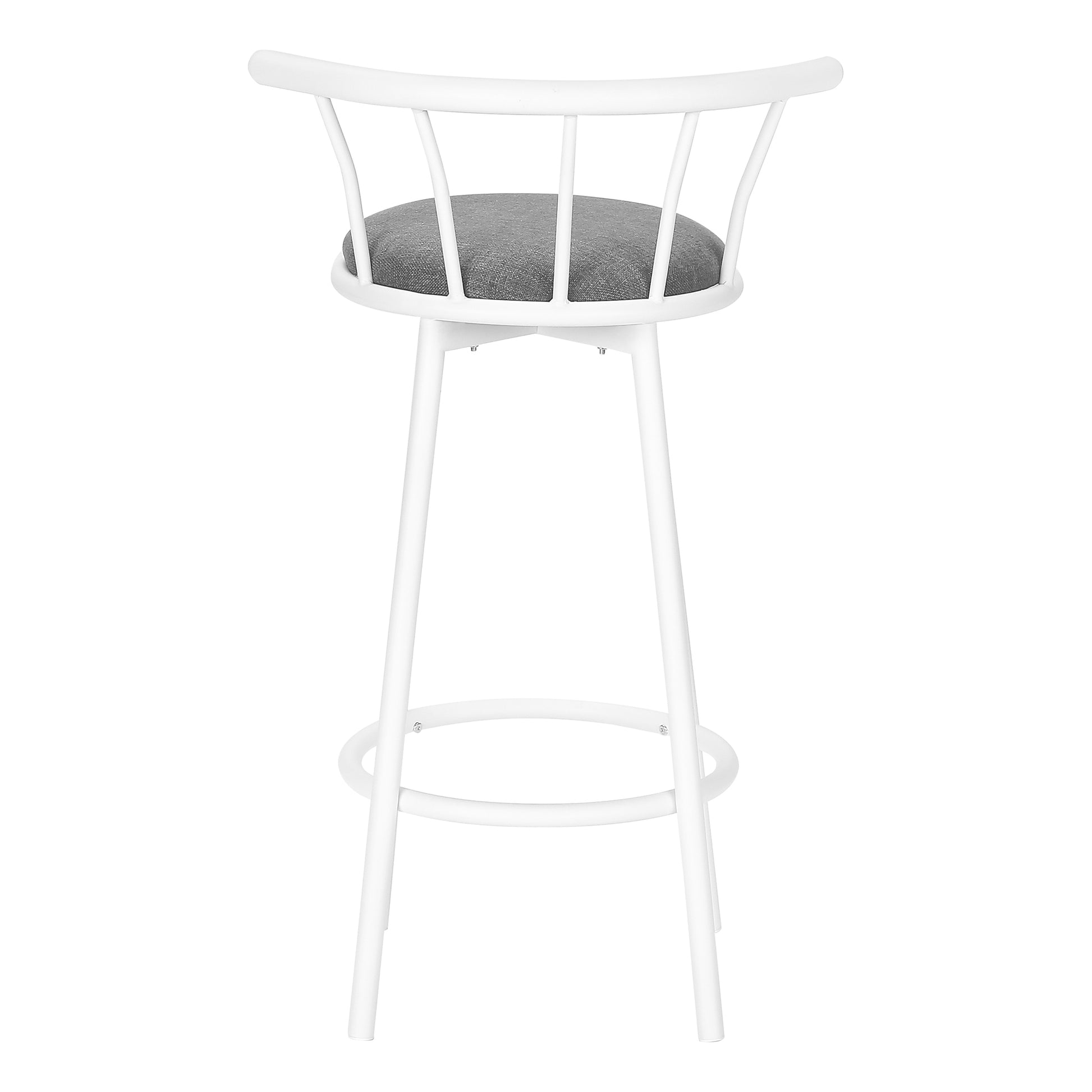 White metal bar stool with grey fabric cushion and curved spindle back