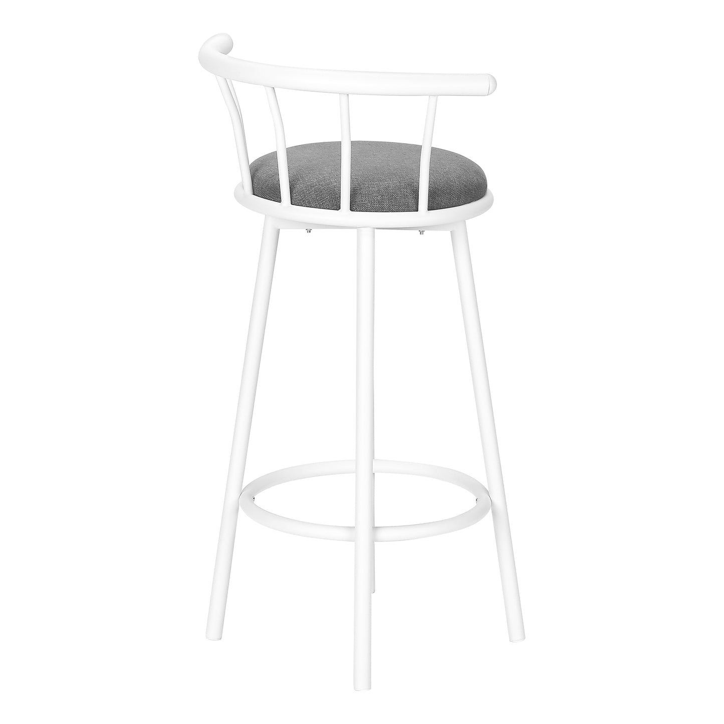 White metal bar stool with grey fabric seat and curved back for kitchen island