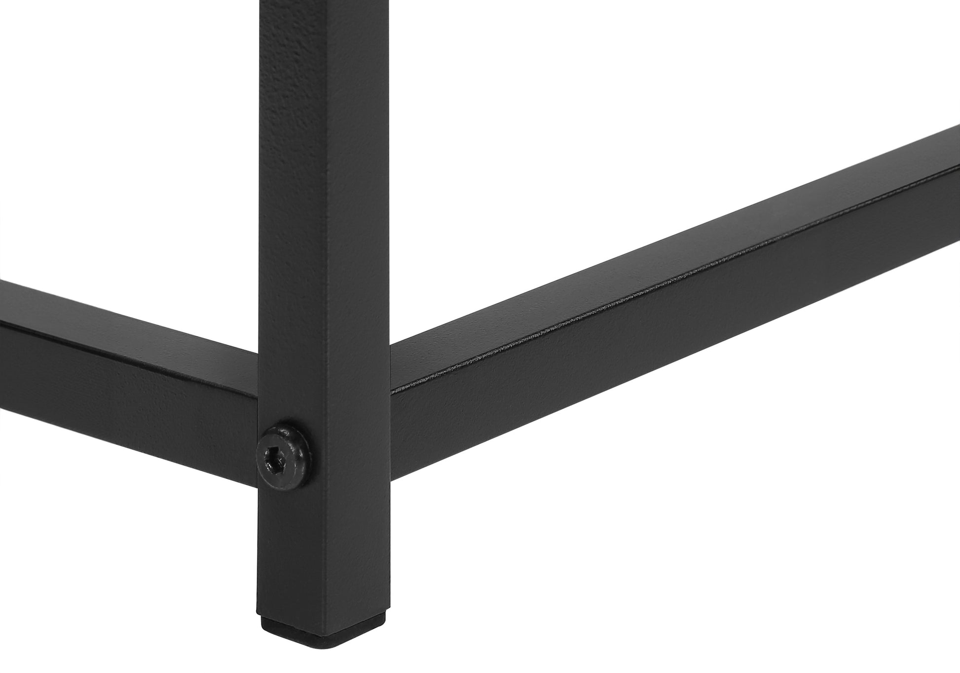 Black metal frame leg with screw detail on minimalist side table