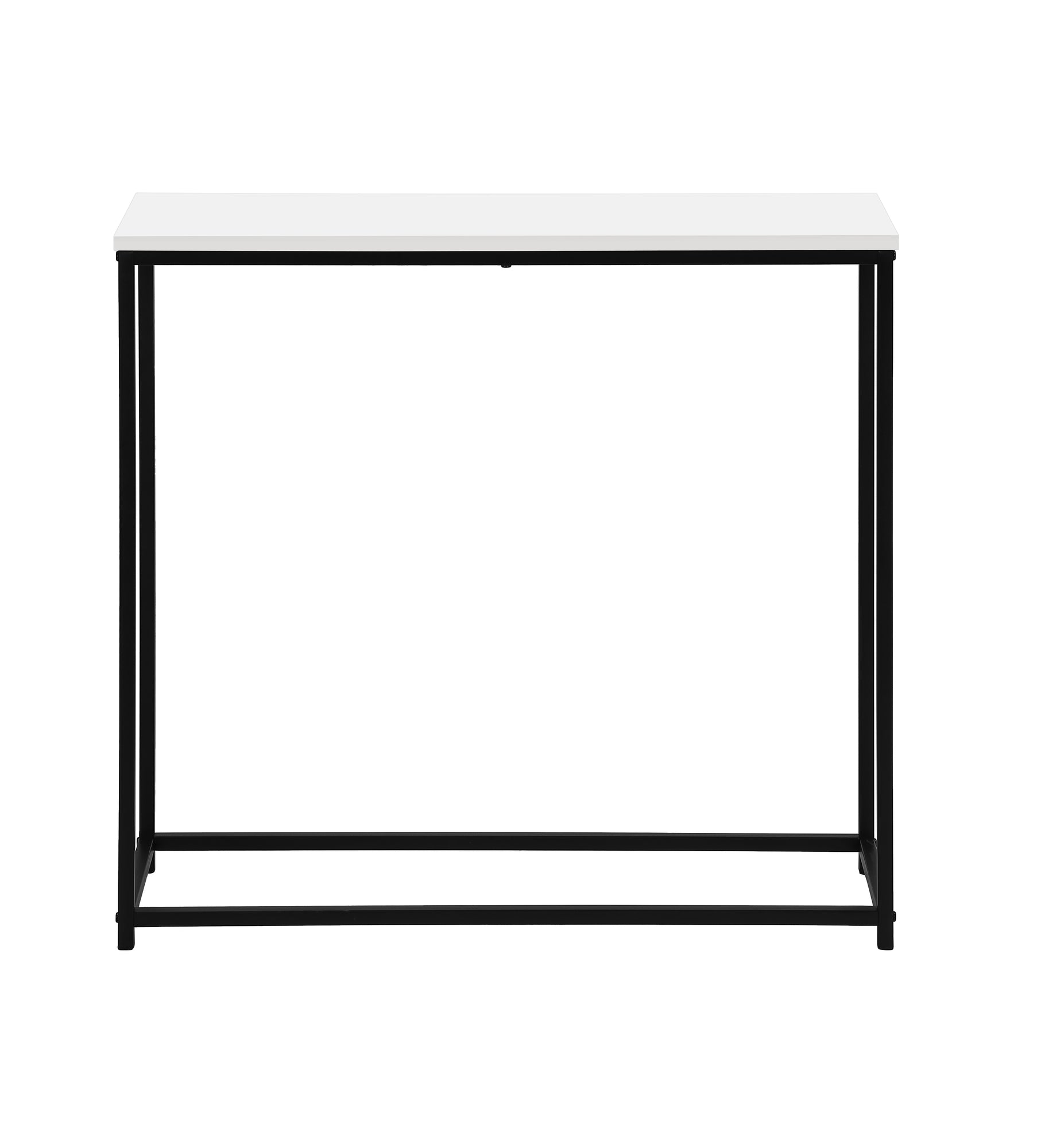 Sleek white top console table with matte black metal frame and legs