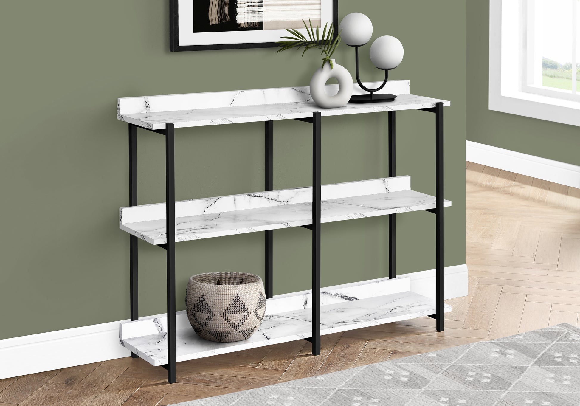 White marble console table with black metal frame and three shelves
