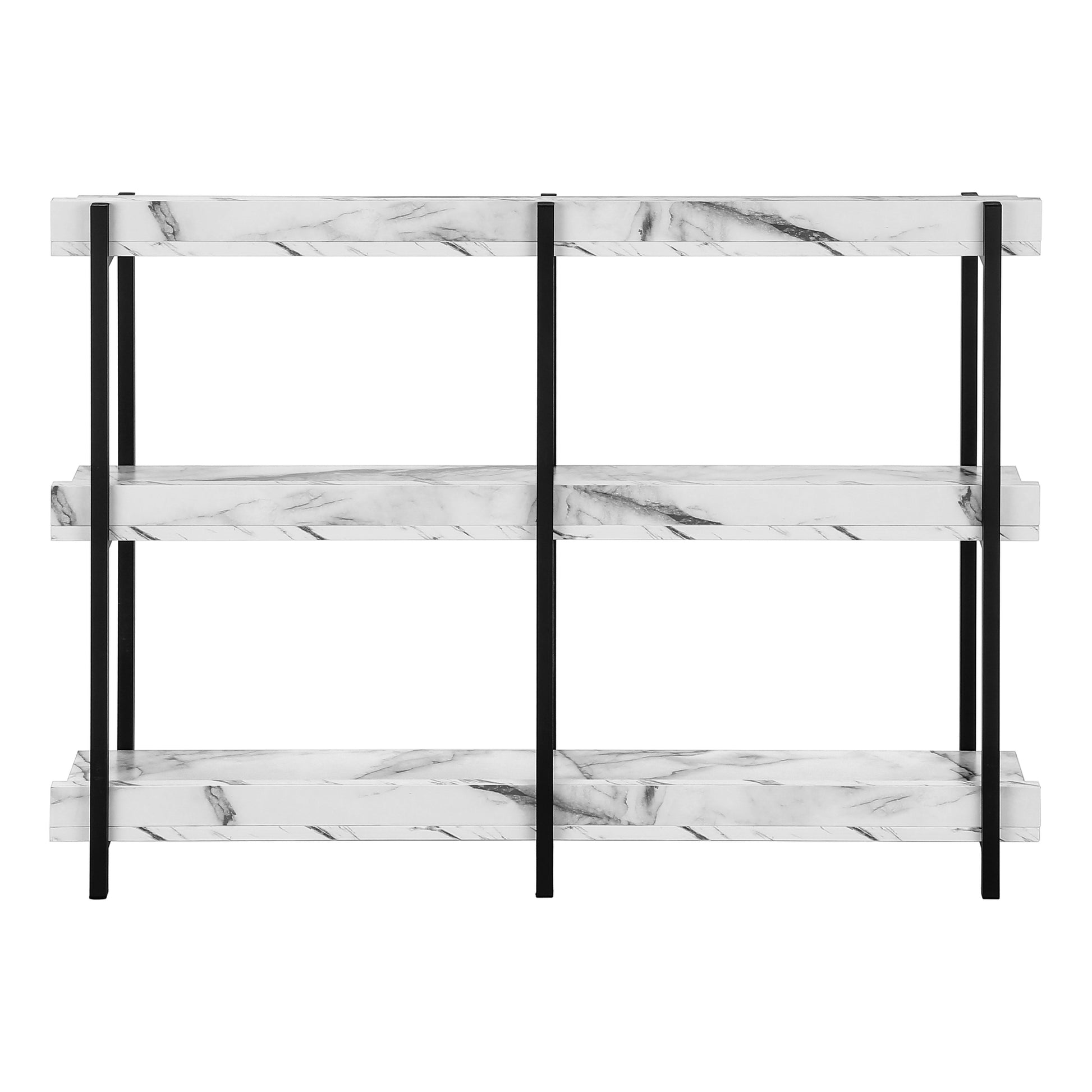 Modern white marble effect console table with black metal frame three shelves
