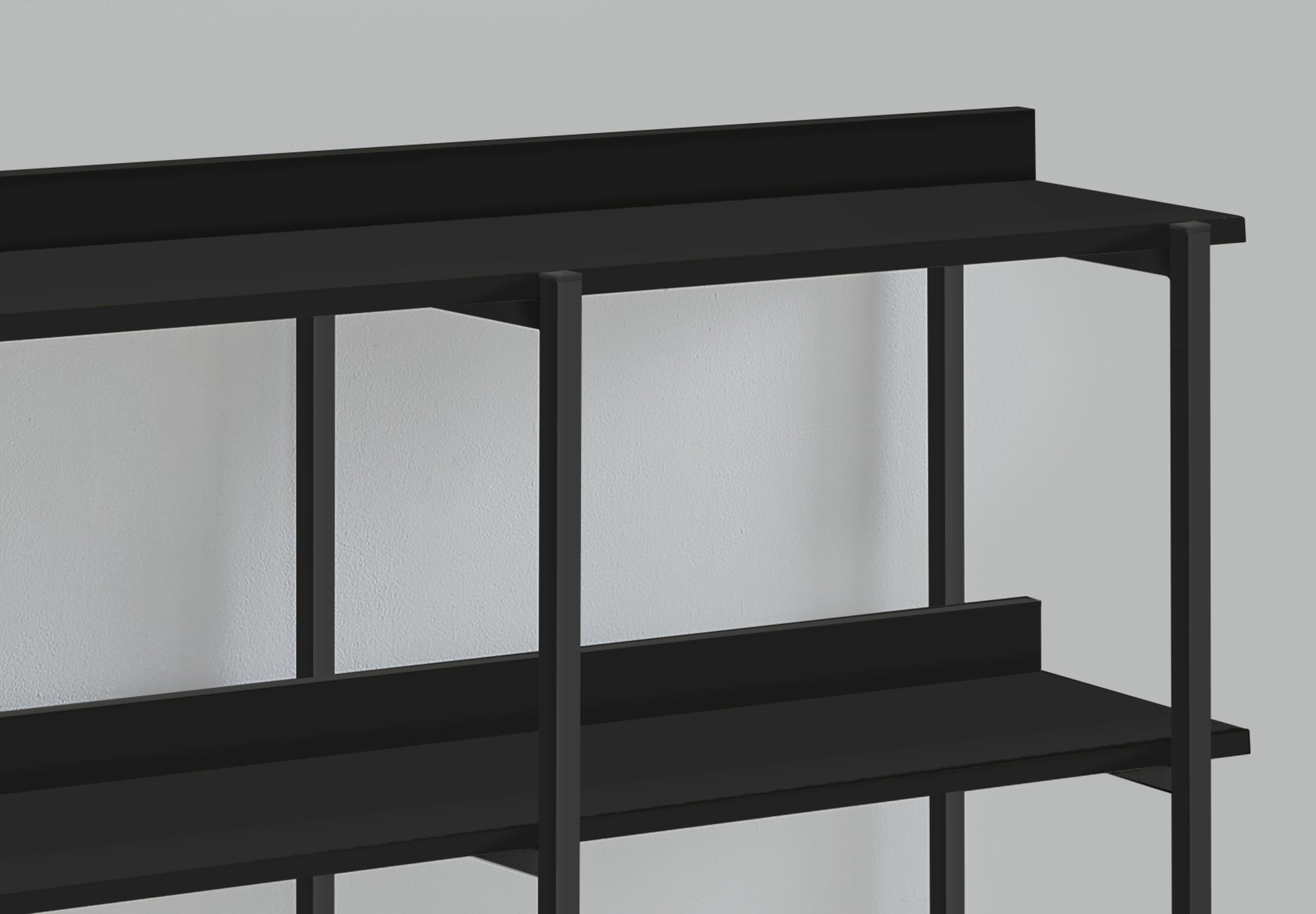 Modern black metal shelving unit showcasing clean lines and open storage for home or office