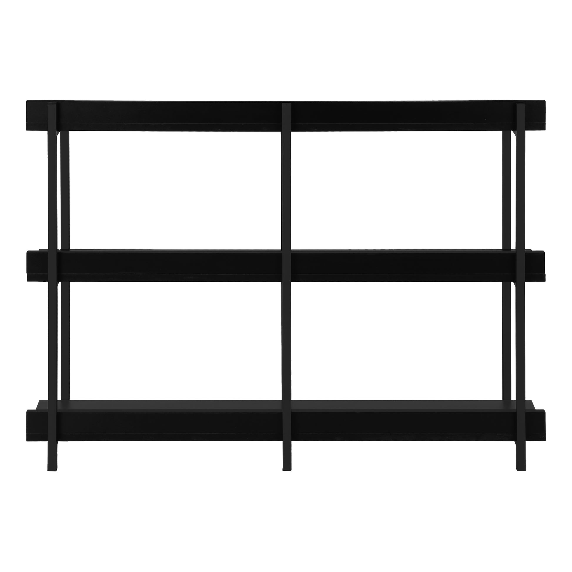 Sleek black modern bookshelf with three open shelves for display and storage