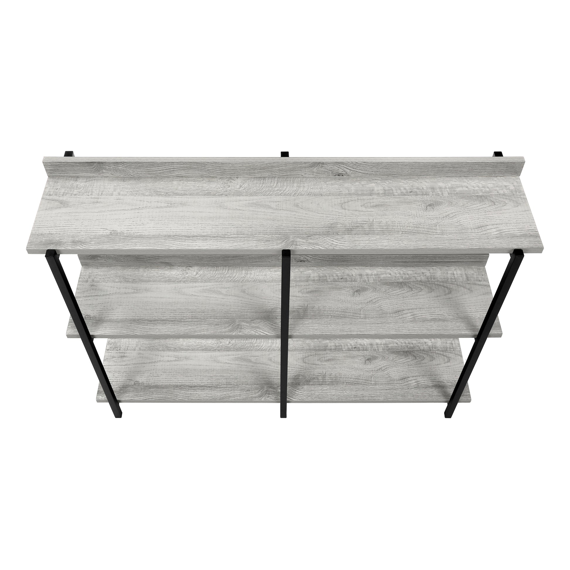 Modern threeshelf bookcase with a rustic grey wood finish and black metal frame