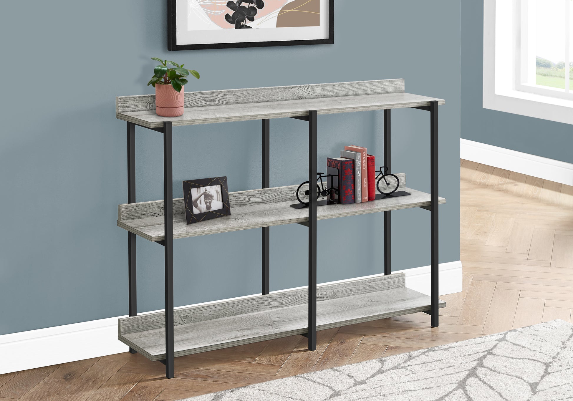 Threetier gray wood bookshelf with black metal frame for entryway organization
