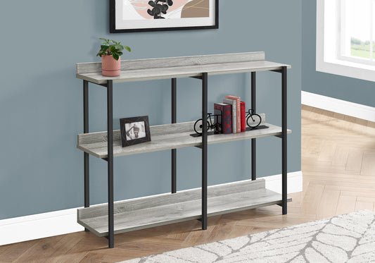 Threetier gray wood bookshelf with black metal frame for entryway organization