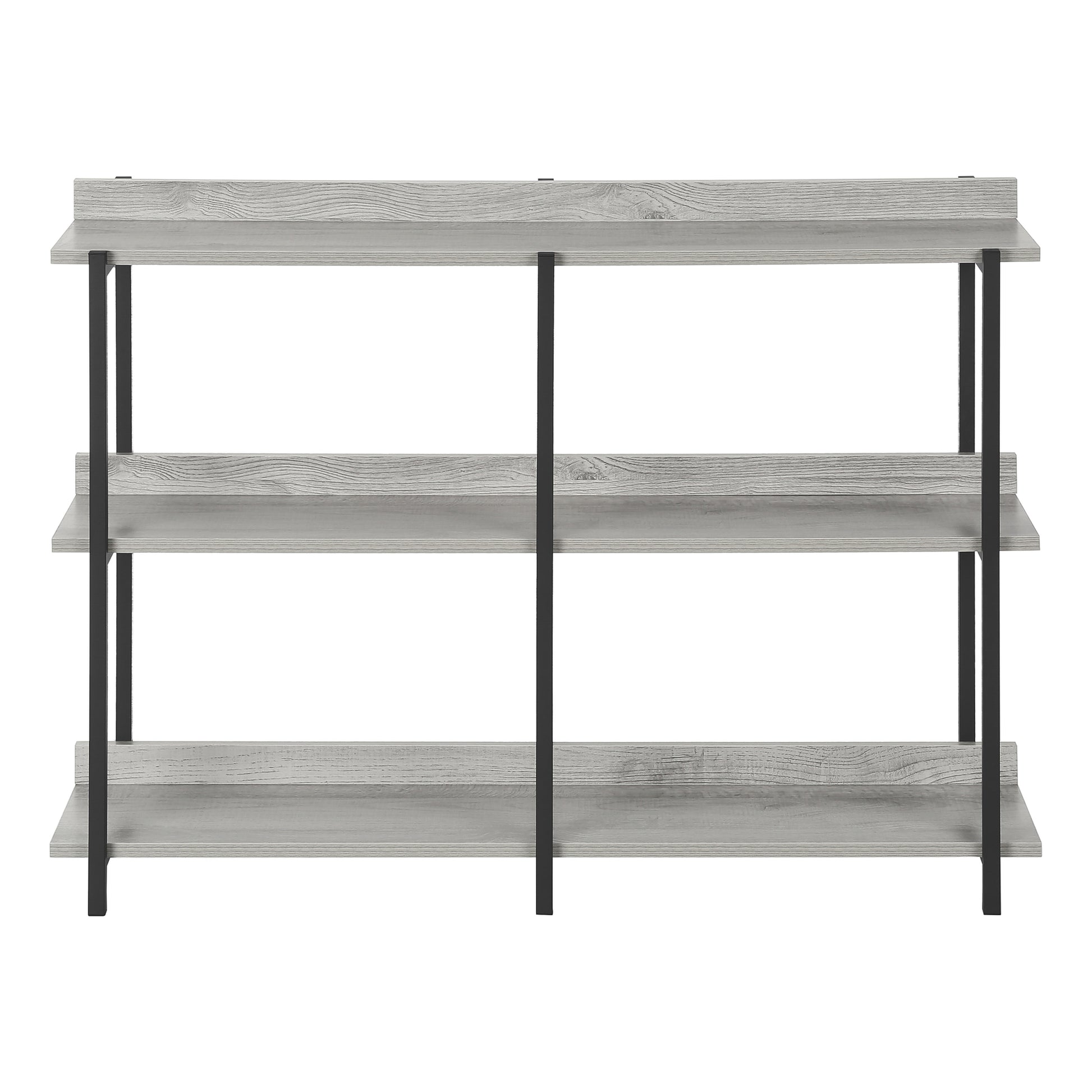Threetier grey wood bookshelf with black metal frame modern design for home storage