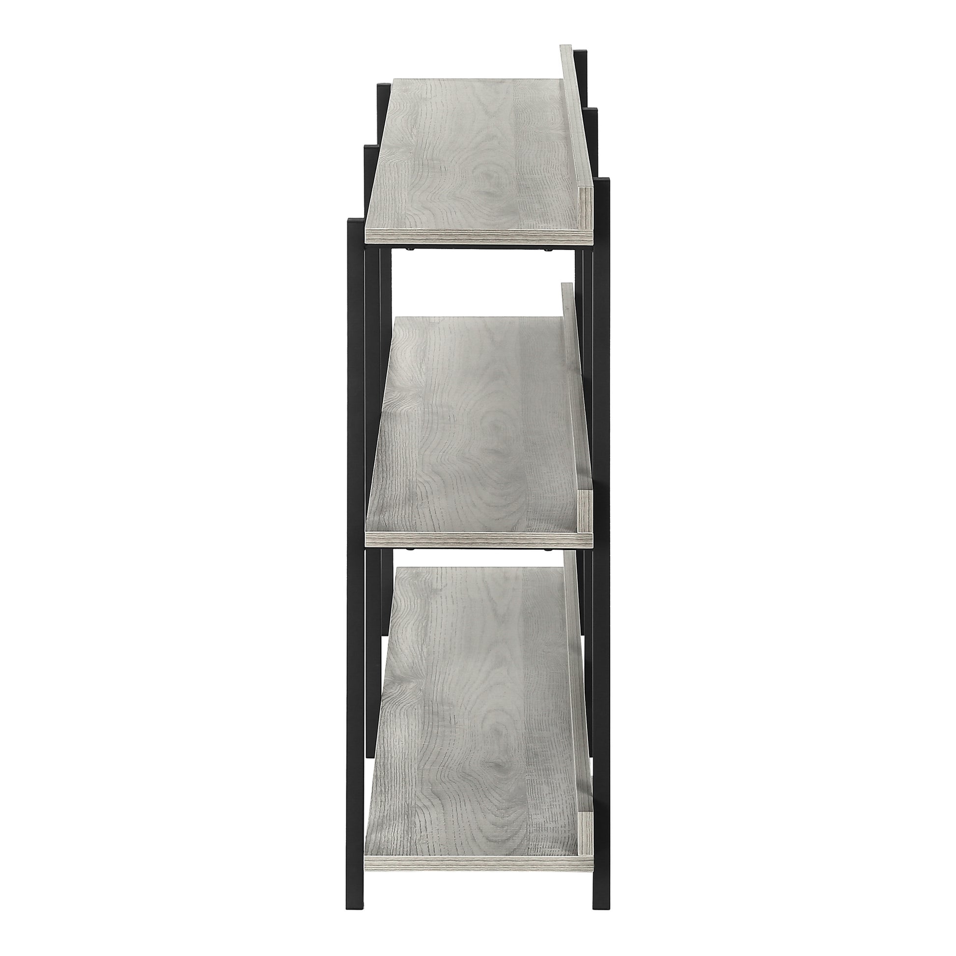 Rustic grey wood and black metal threetier bookshelf for home decor