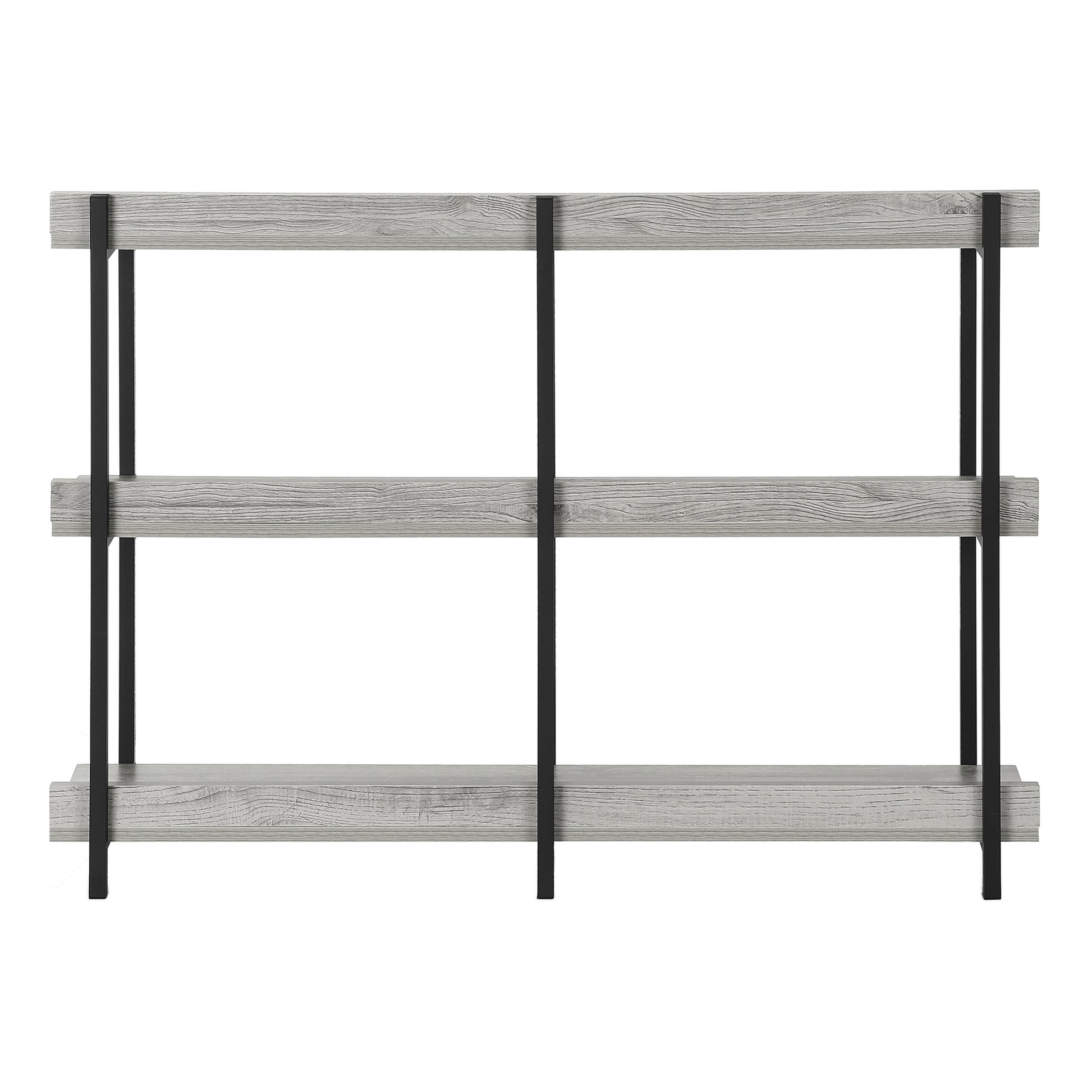 Rustic grey wood console table with black metal legs tier open shelving