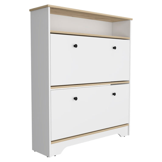 White and wood twotier entryway shoe cabinet with black knobs