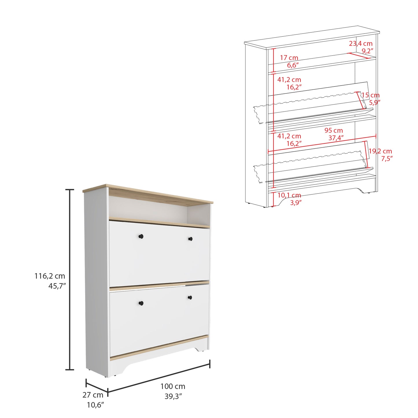 White and wood accent shoe cabinet with two flipout drawers